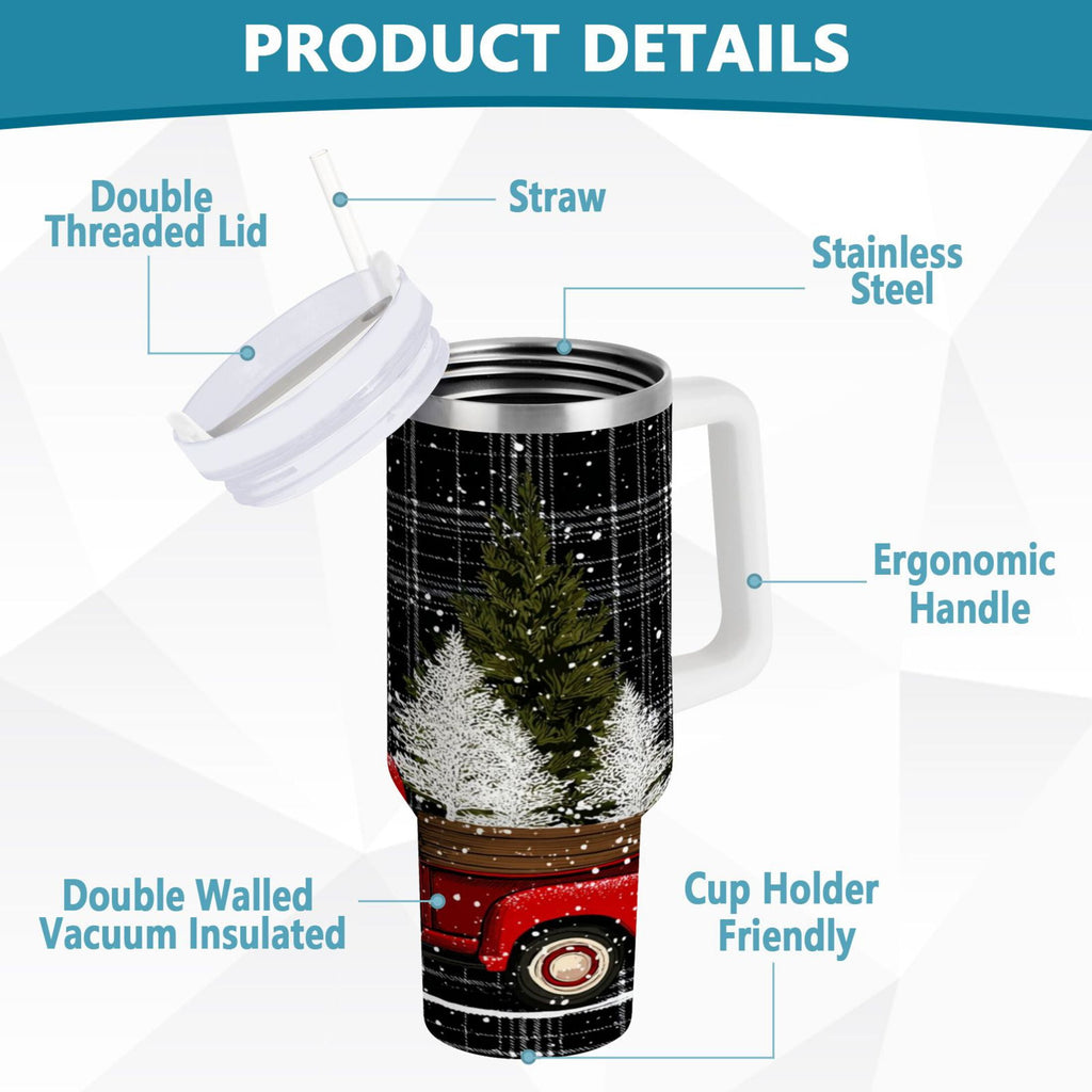 40 oz Insulated Stainless Steel Tumbler Double Wall Stainless Steel Tumbler with 2-Way Drinking Red Truck with Christmas Tree | O903