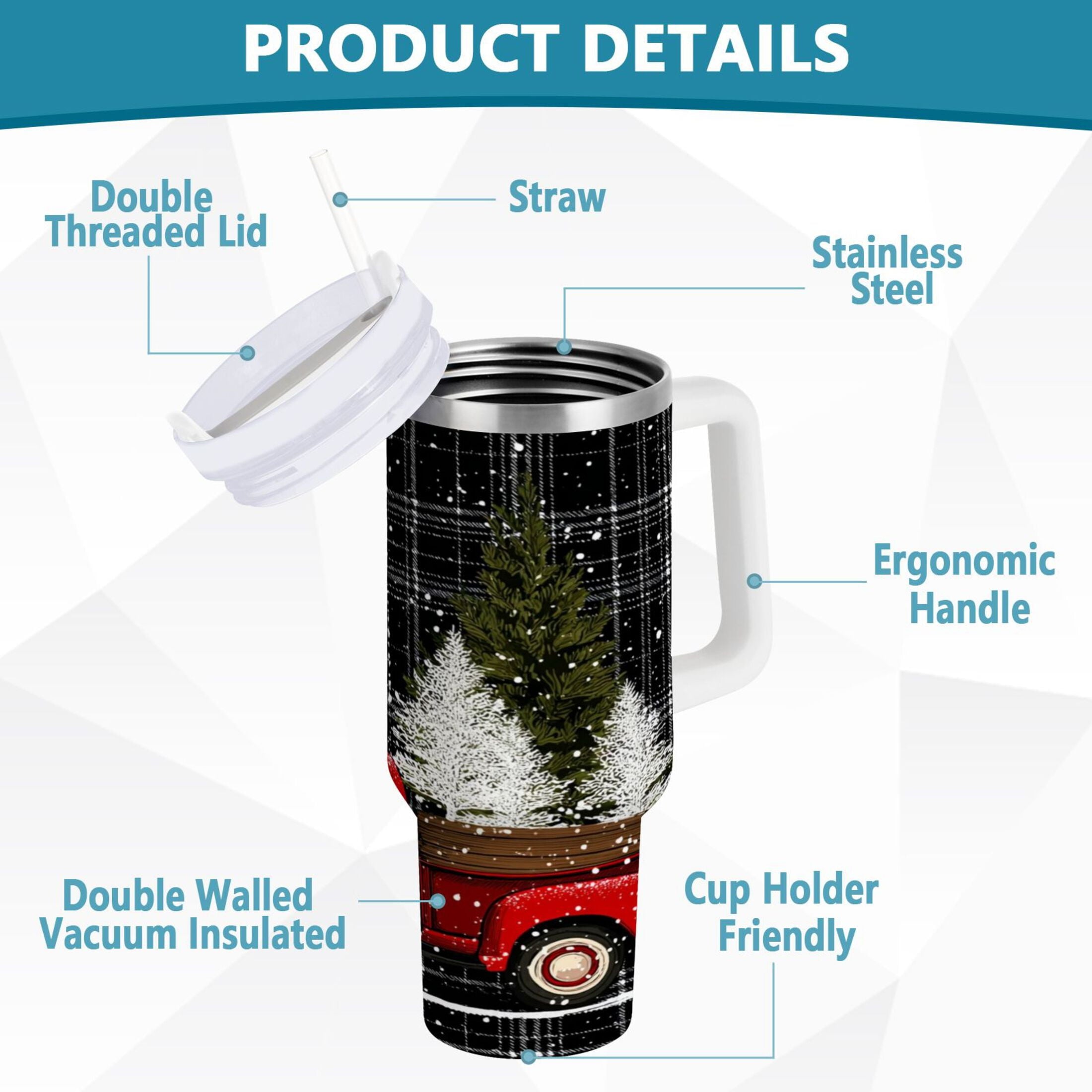 40 oz Insulated Stainless Steel Tumbler Double Wall Stainless Steel Tumbler with 2-Way Drinking Red Truck with Christmas Tree | O903