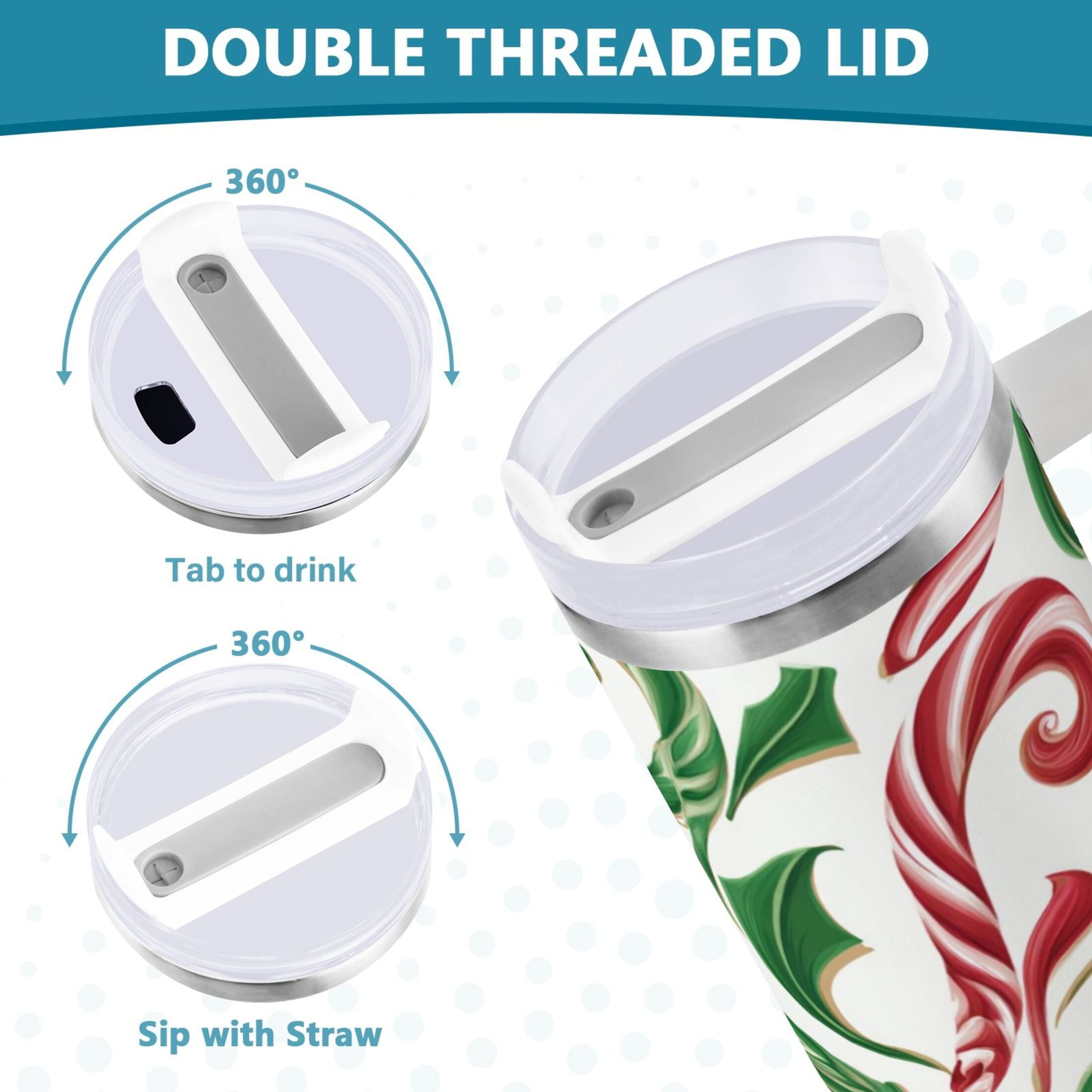 40 oz Insulated Stainless Steel Tumbler Double Wall Stainless Steel Tumbler with 2-Way Drinking Red and Green Candy-cane | D91A