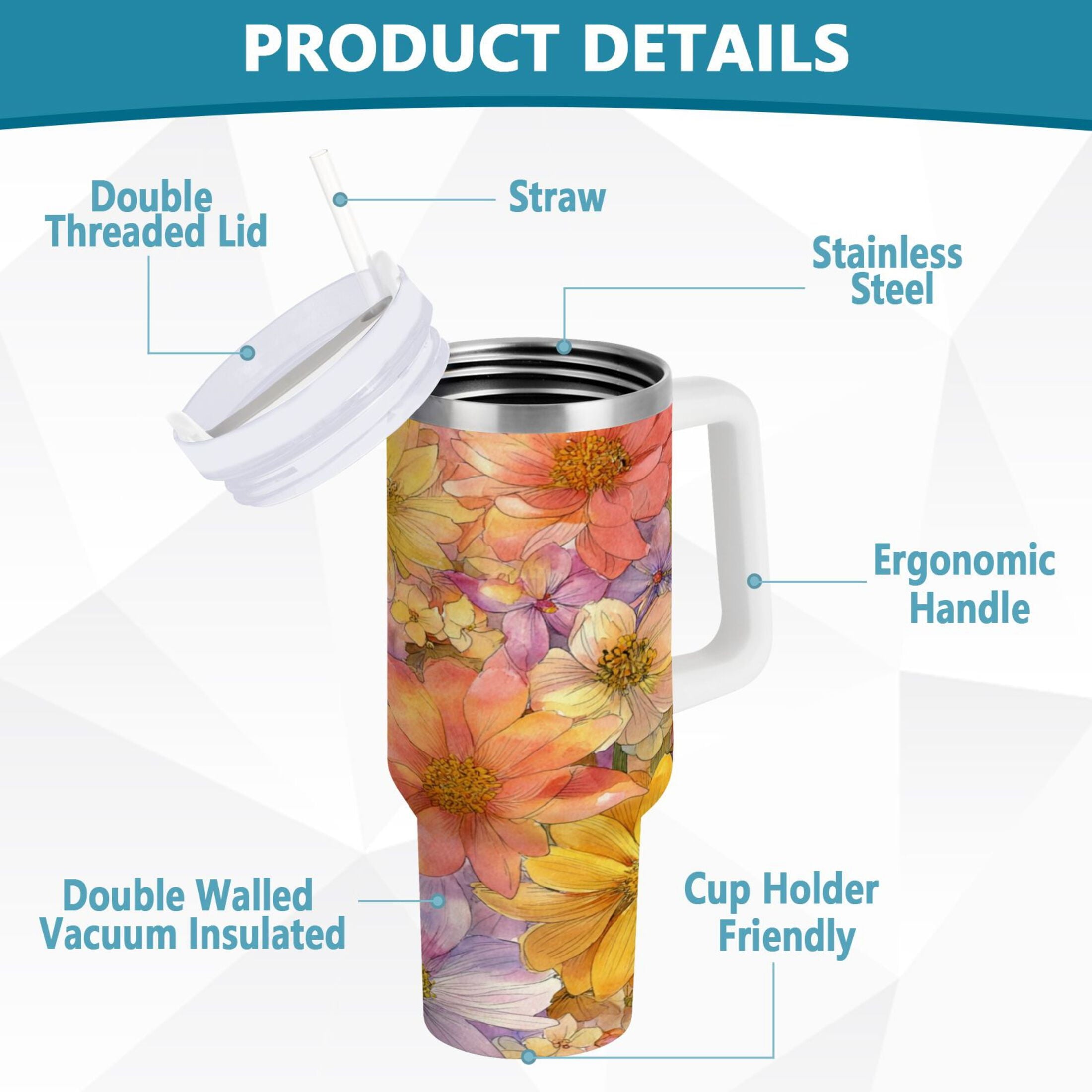 30 oz Insulated Stainless Steel Tumbler Double Wall Stainless Steel Tumbler with 2-Way Drinking Summer Blossoms | B5A0