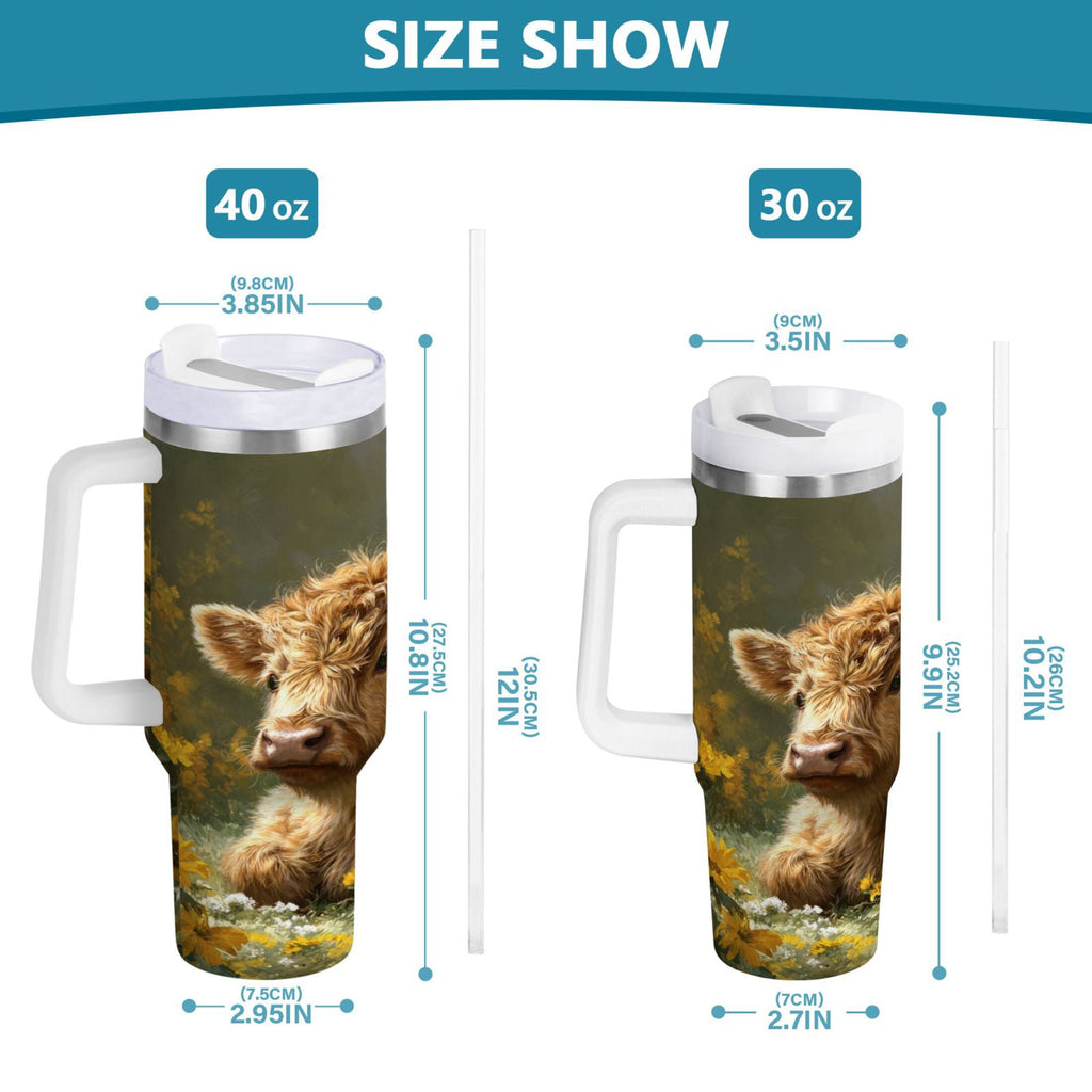 40 oz Insulated Stainless Steel Tumbler Double Wall Stainless Steel Tumbler with 2-Way Drinking Cow Lying in Sunflowers | TEJB