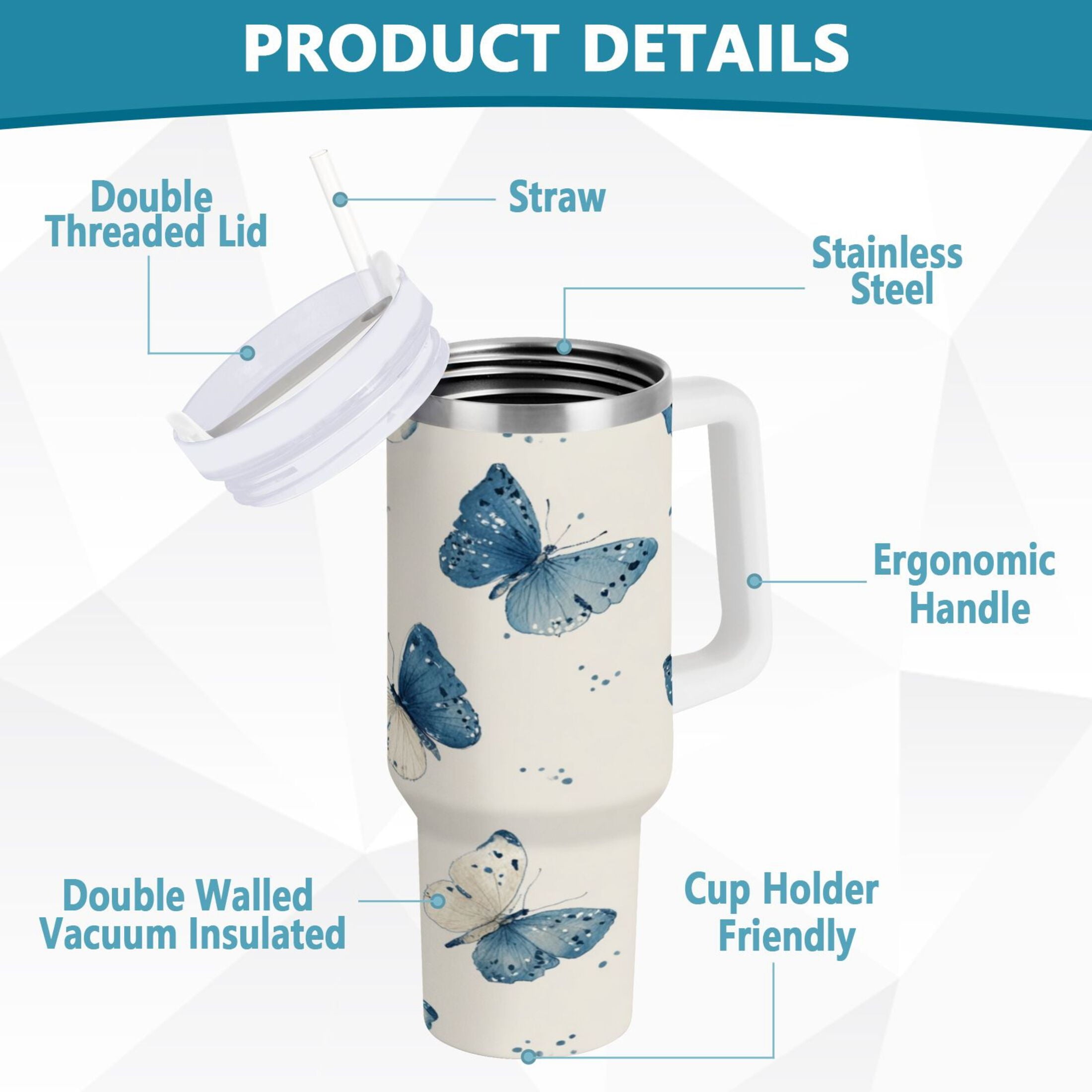 30 oz Insulated Stainless Steel Tumbler Double Wall Stainless Steel Tumbler with 2-Way Drinking Blue Watercolor Butterflies | V89G