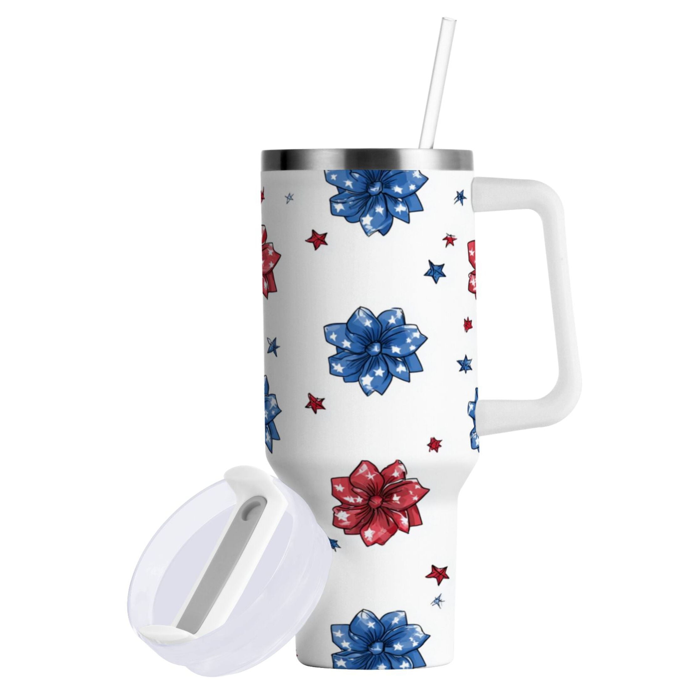 40 oz Insulated Stainless Steel Tumbler Double Wall Stainless Steel Tumbler with 2-Way Drinking Stars and Stripes Puttern Flower | C74N