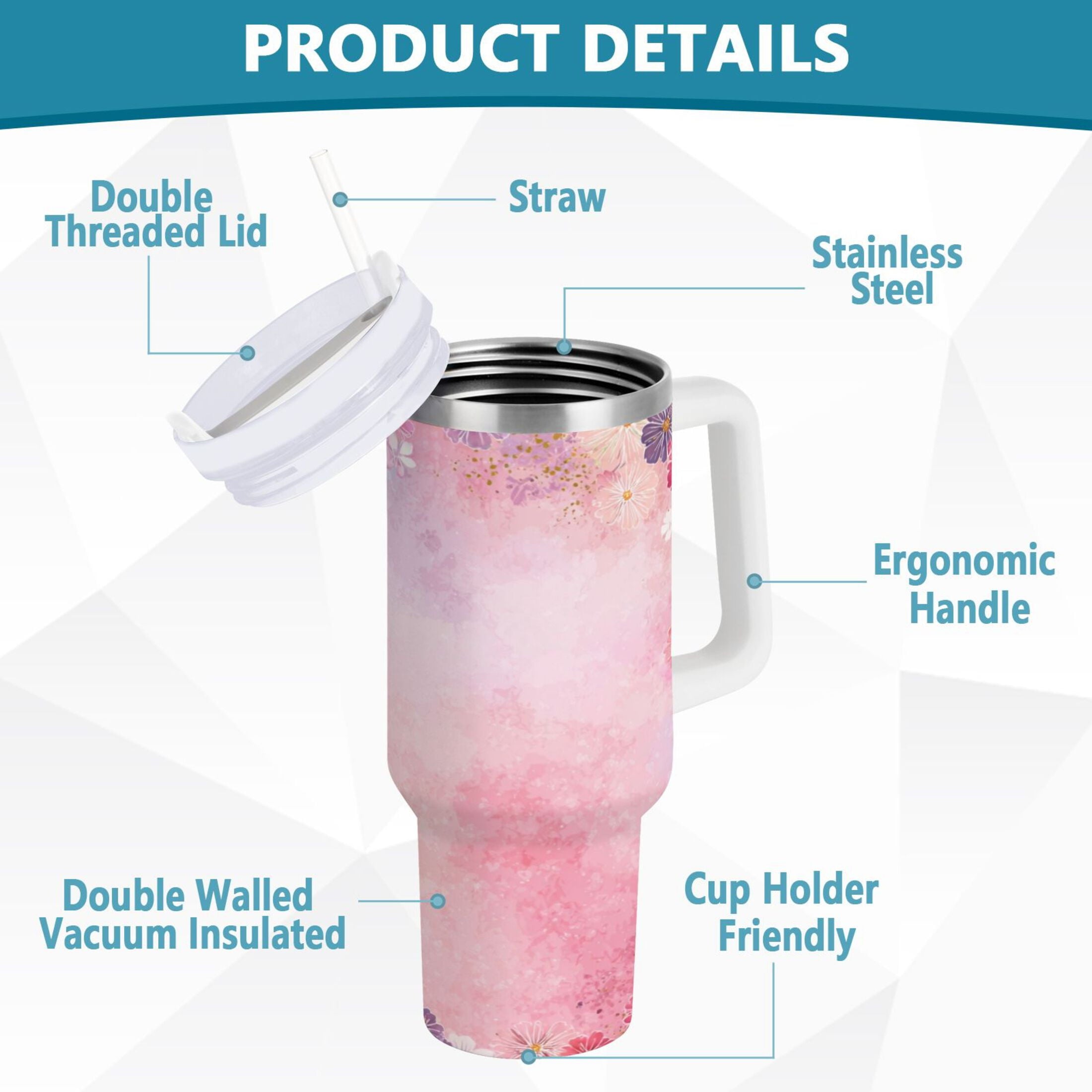 30 oz Insulated Stainless Steel Tumbler Double Wall Stainless Steel Tumbler with 2-Way Drinking Colorful Pastel Floral Pattern | OVJO