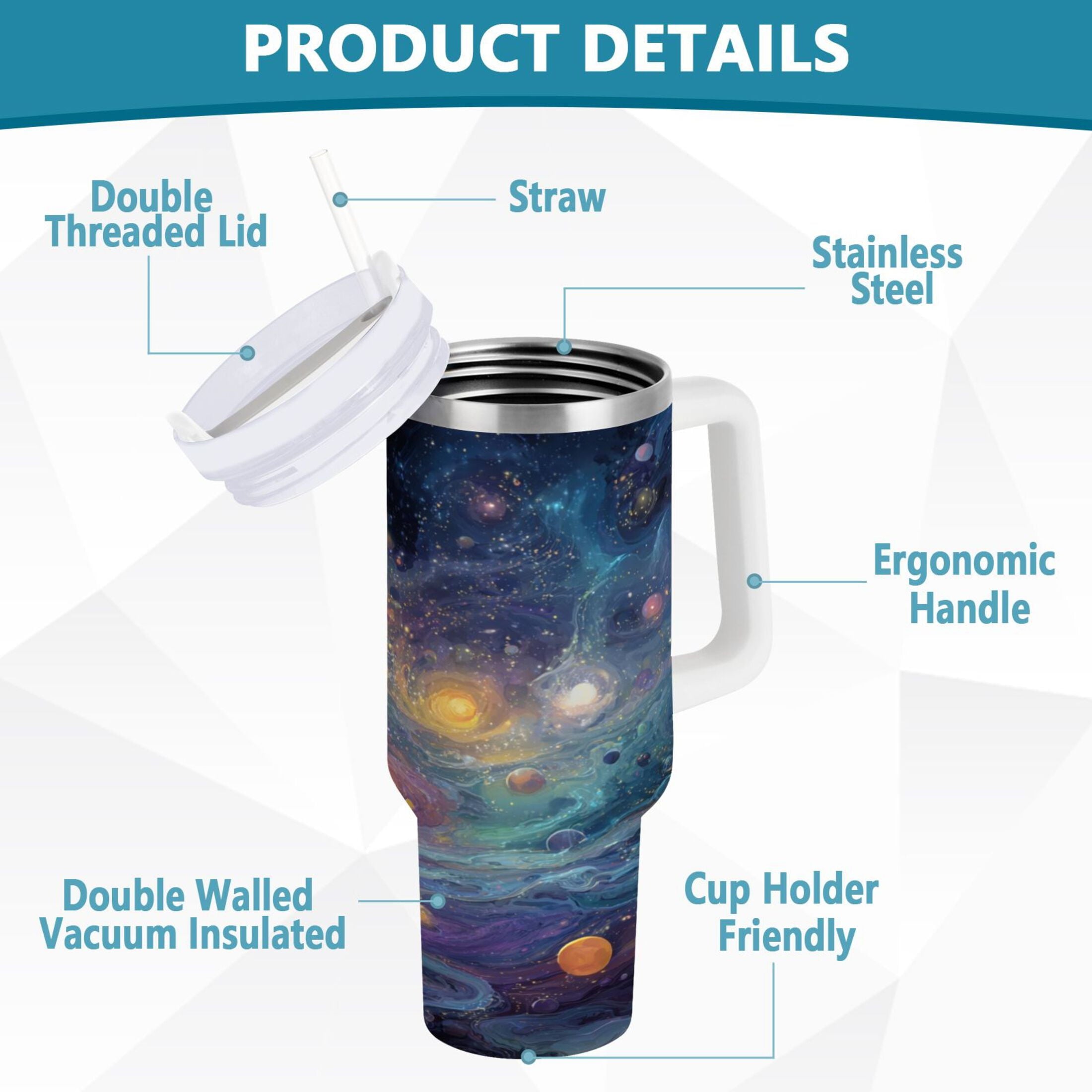 30 oz Insulated Stainless Steel Tumbler Double Wall Stainless Steel Tumbler with 2-Way Drinking Vibrant and Colorful Universe | L6M9