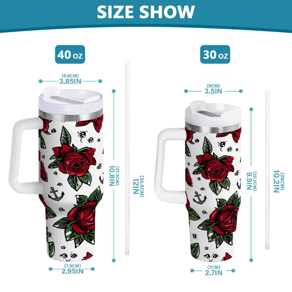 40 oz Insulated Stainless Steel Tumbler Double Wall Stainless Steel Tumbler with 2-Way Drinking Red Roses and Cherries | NJNQ