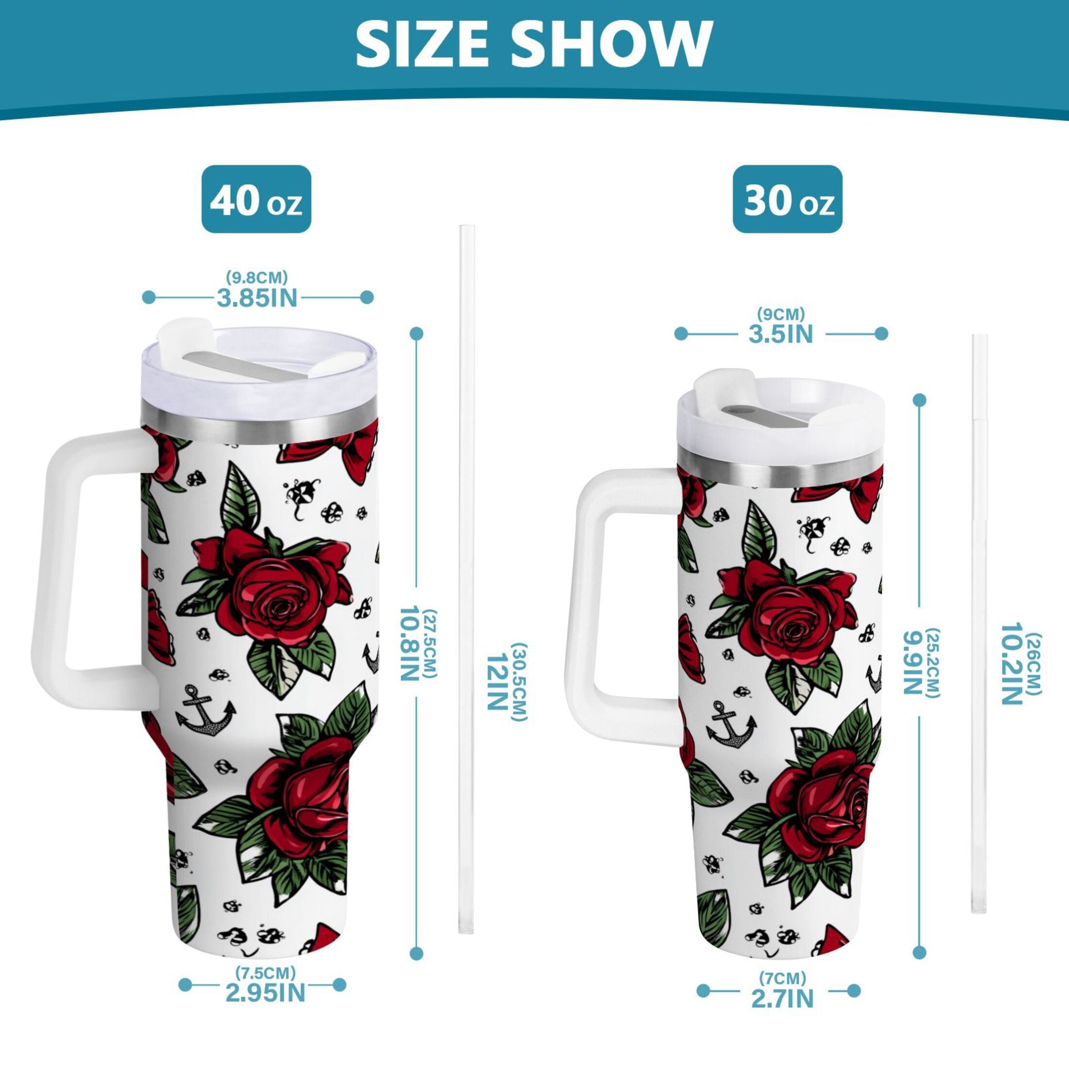 40 oz Insulated Stainless Steel Tumbler Double Wall Stainless Steel Tumbler with 2-Way Drinking Red Roses and Cherries | NJNQ
