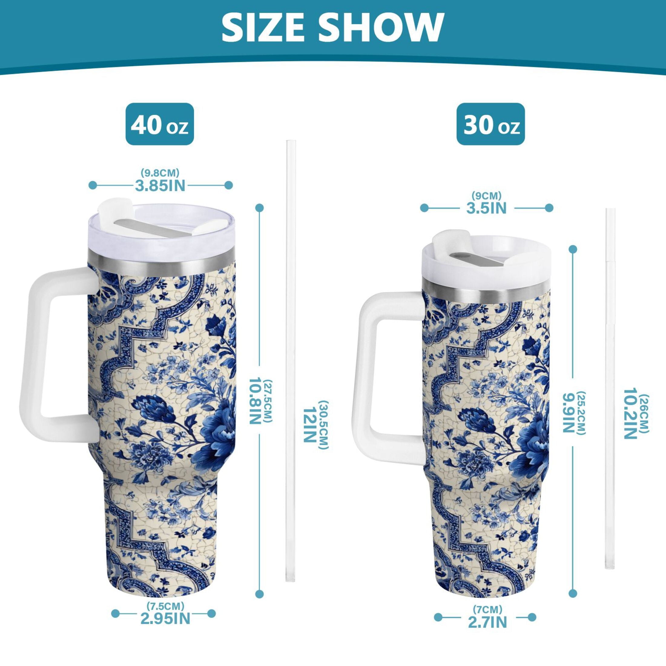 30 oz Insulated Stainless Steel Tumbler Double Wall Stainless Steel Tumbler with 2-Way Drinking Blue and White Porcelain-style | DKXU