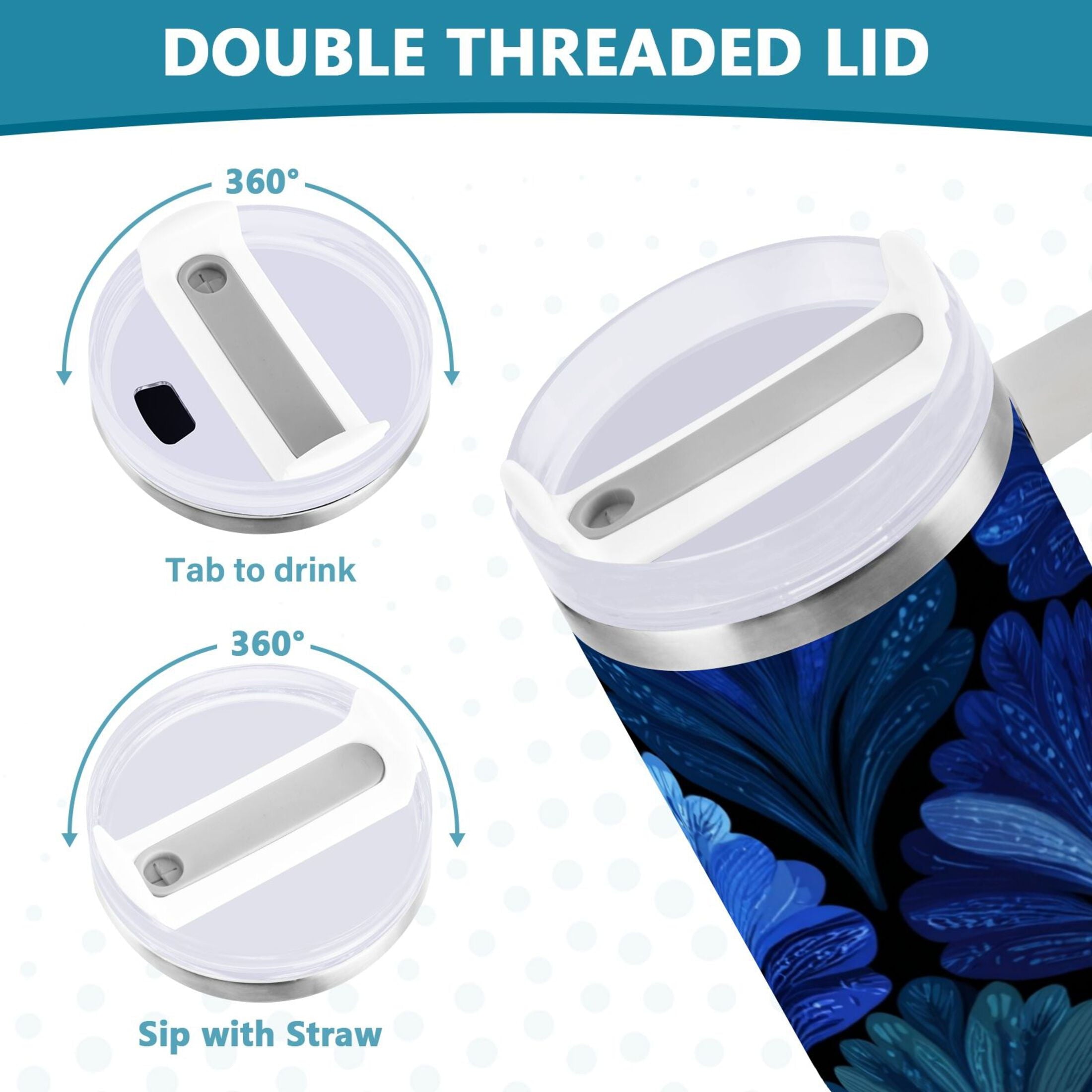 30 oz Insulated Stainless Steel Tumbler Double Wall Stainless Steel Tumbler with 2-Way Drinking Blue Batik Leaves Pattern | JMRV