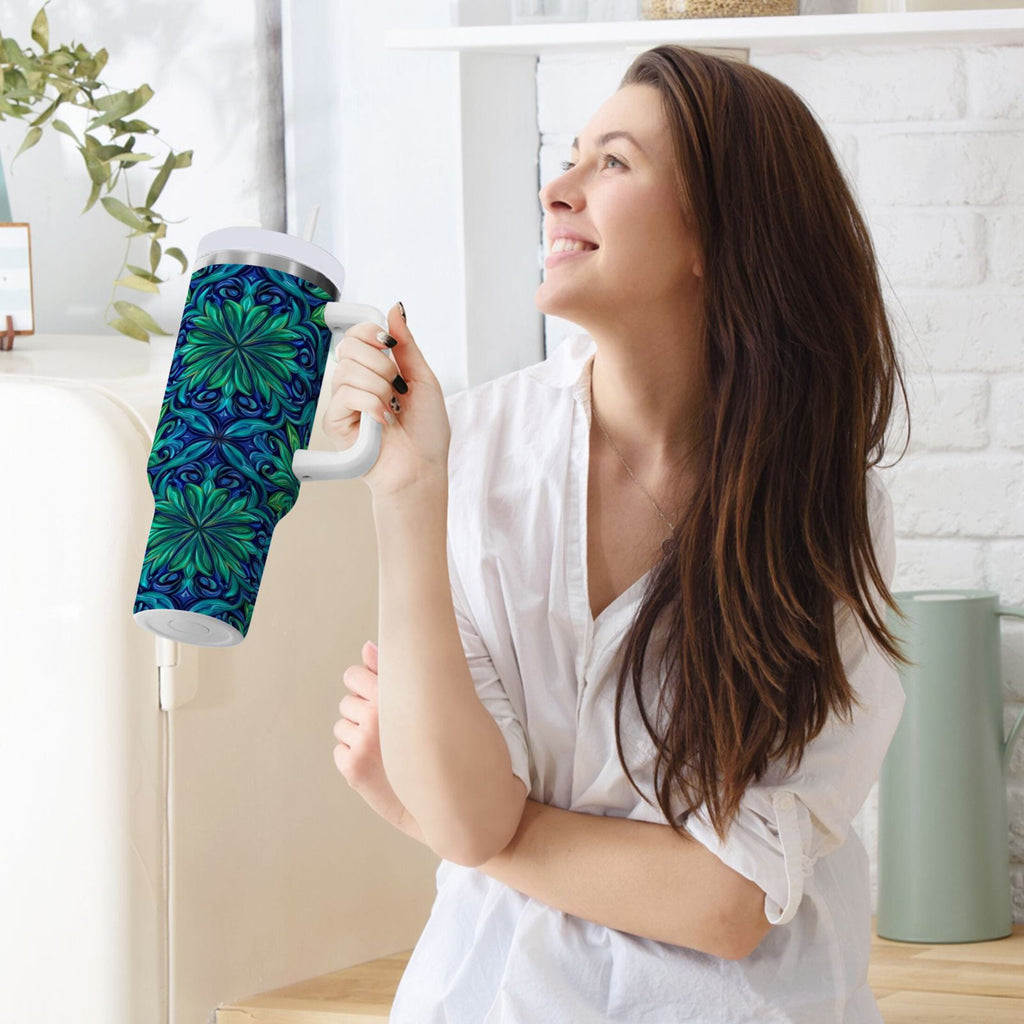 40 oz Insulated Stainless Steel Tumbler Double Wall Stainless Steel Tumbler with 2-Way Drinking Elegant Blue Traditional Patterns | ZRNL