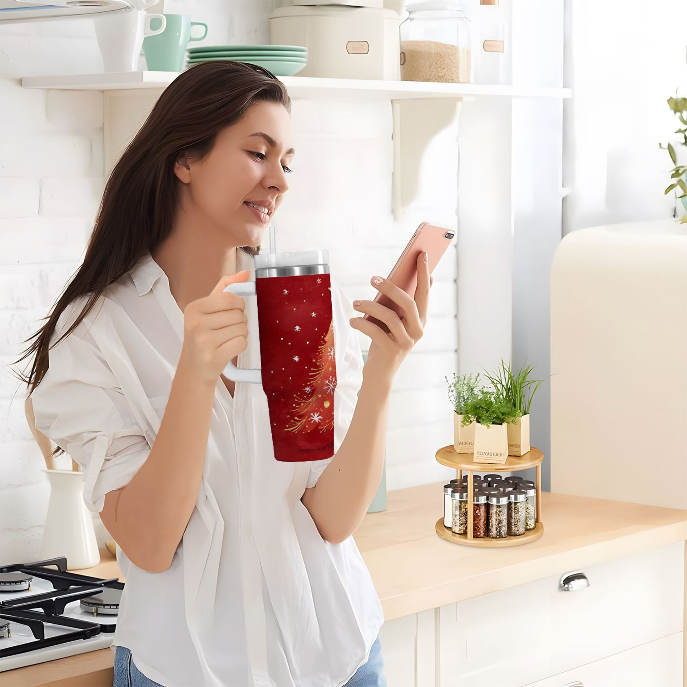 40 oz Insulated Stainless Steel Tumbler Double Wall Stainless Steel Tumbler with 2-Way Drinking Red Christmas Tree | WUT1