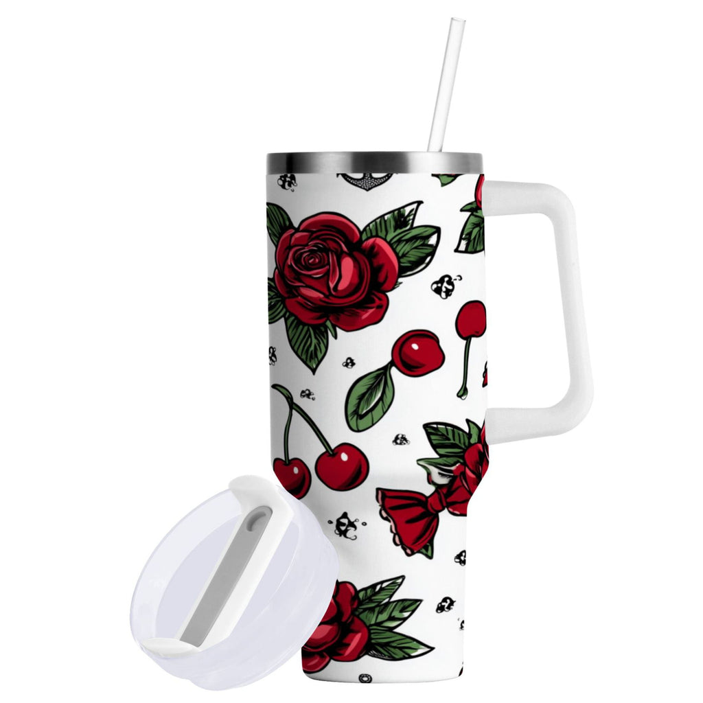 40 oz Insulated Stainless Steel Tumbler Double Wall Stainless Steel Tumbler with 2-Way Drinking Red Roses and Cherries | NJNQ