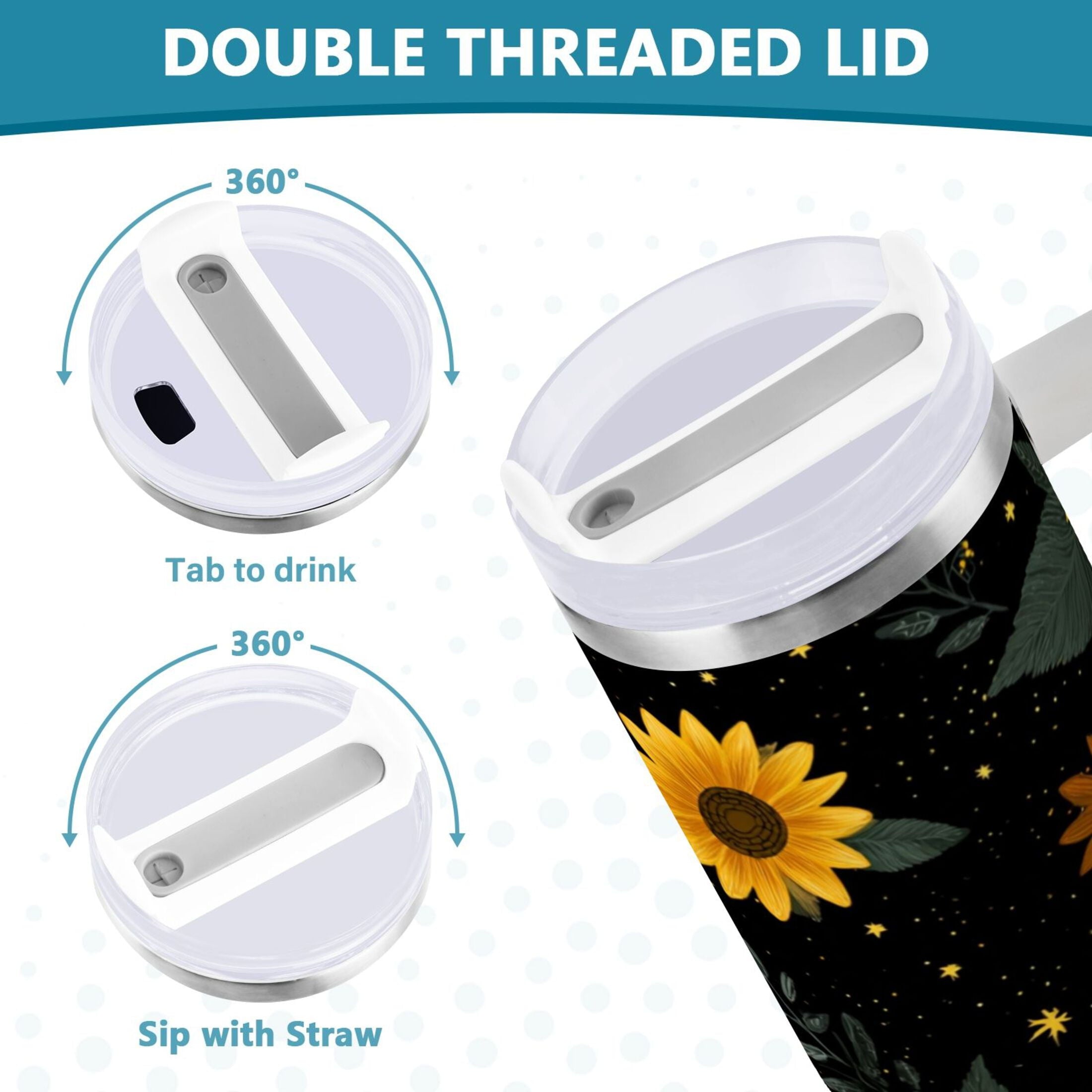 30 oz Insulated Stainless Steel Tumbler Double Wall Stainless Steel Tumbler with 2-Way Drinking Yellow Sunflower Pattern | YHWP