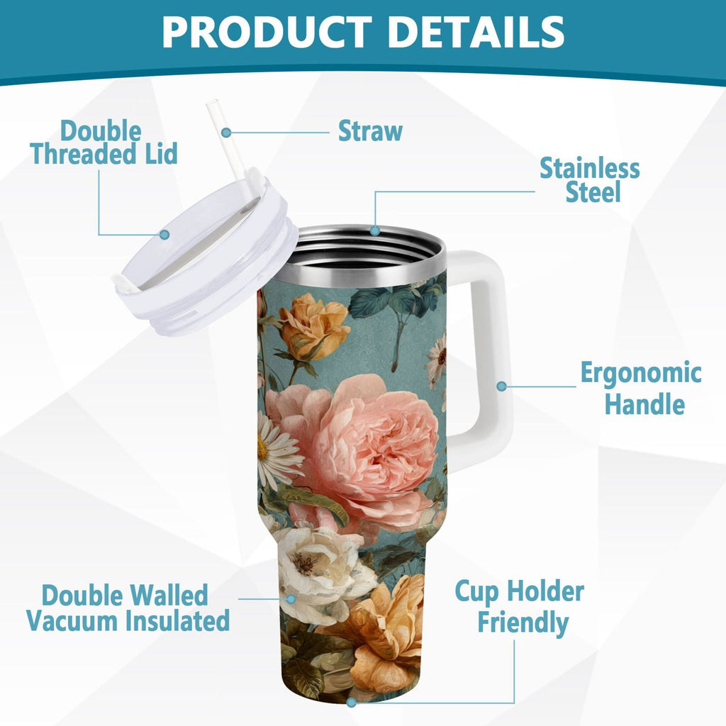 30 oz Insulated Stainless Steel Tumbler Double Wall Stainless Steel Tumbler with 2-Way Drinking Vintage Roses and Peonies | 2X6L
