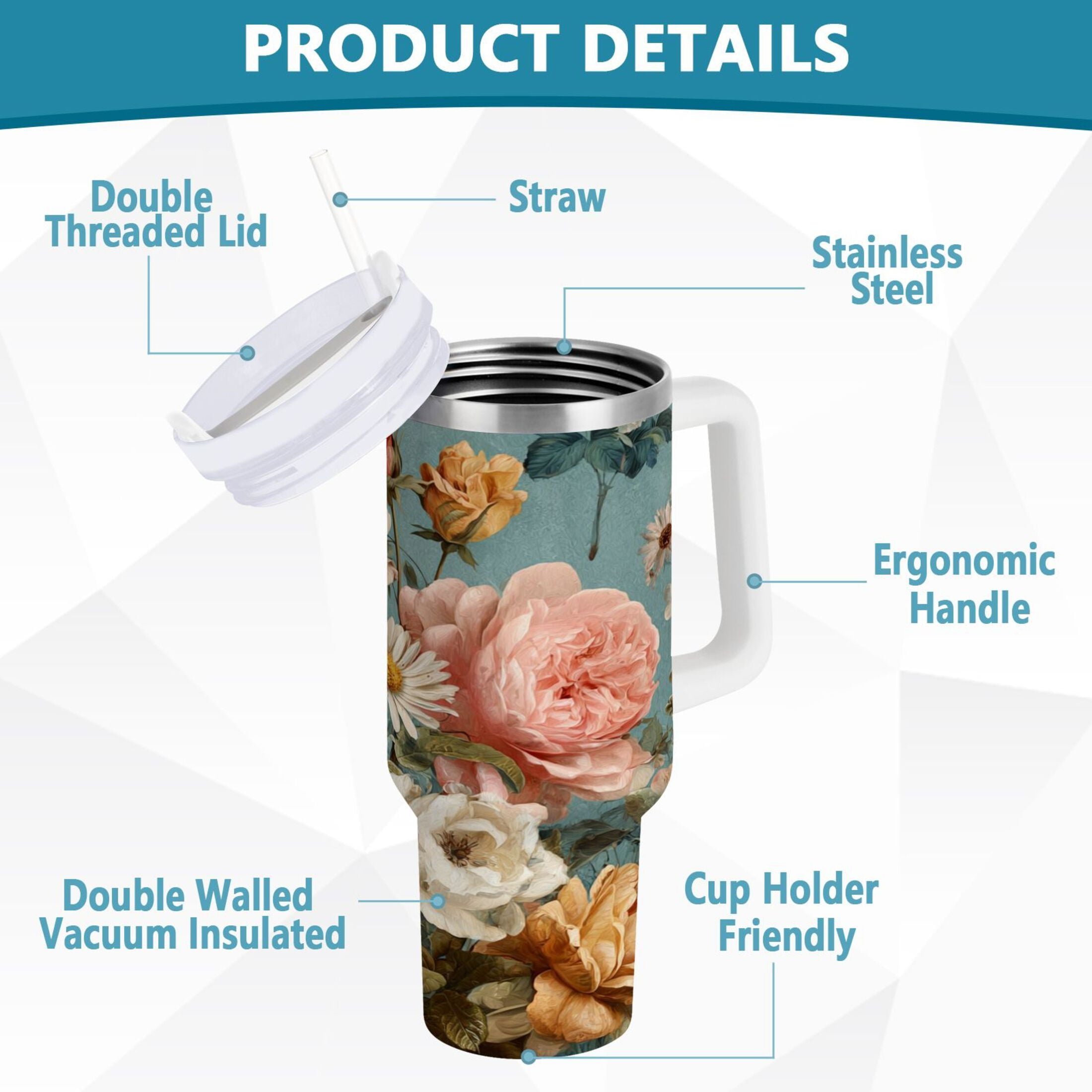 30 oz Insulated Stainless Steel Tumbler Double Wall Stainless Steel Tumbler with 2-Way Drinking Vintage Roses and Peonies | 2X6L