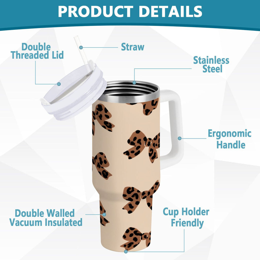 30 oz Insulated Stainless Steel Tumbler Double Wall Stainless Steel Tumbler with 2-Way Drinking Cute Brown Bow | 79NV