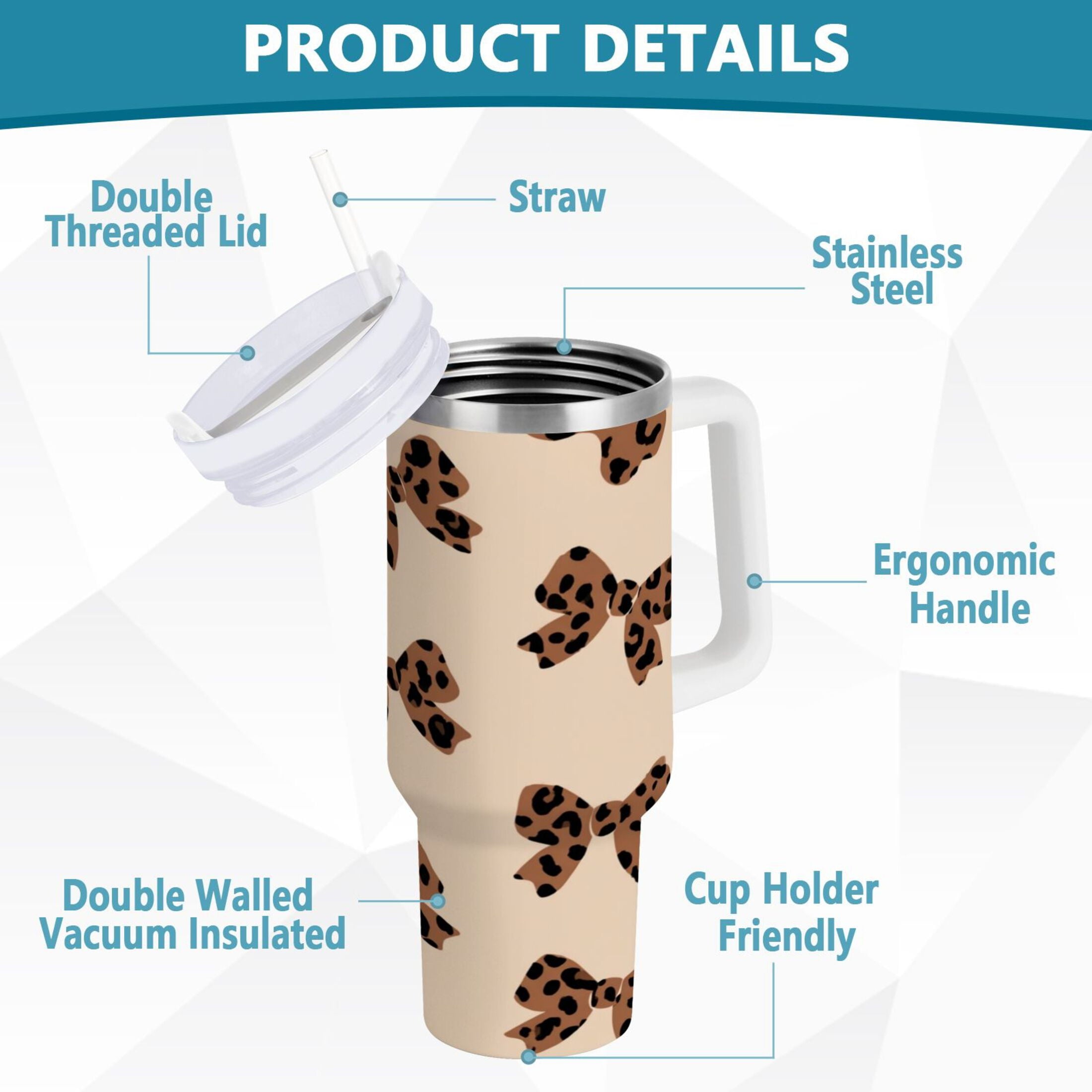 30 oz Insulated Stainless Steel Tumbler Double Wall Stainless Steel Tumbler with 2-Way Drinking Cute Brown Bow | 79NV