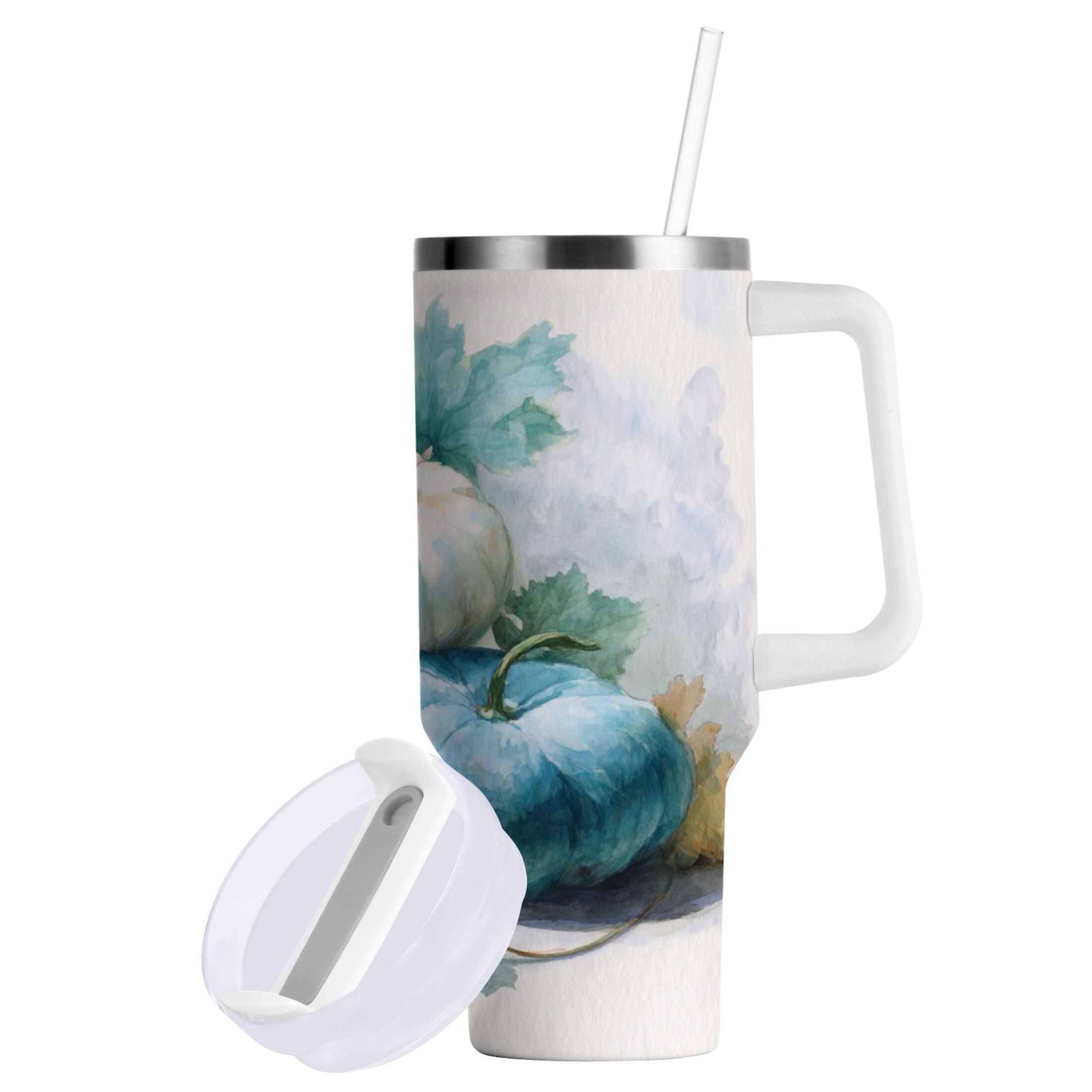 40 oz Insulated Stainless Steel Tumbler Double Wall Stainless Steel Tumbler with 2-Way Drinking Watercolor Pumpkins and Leaves | 90LL