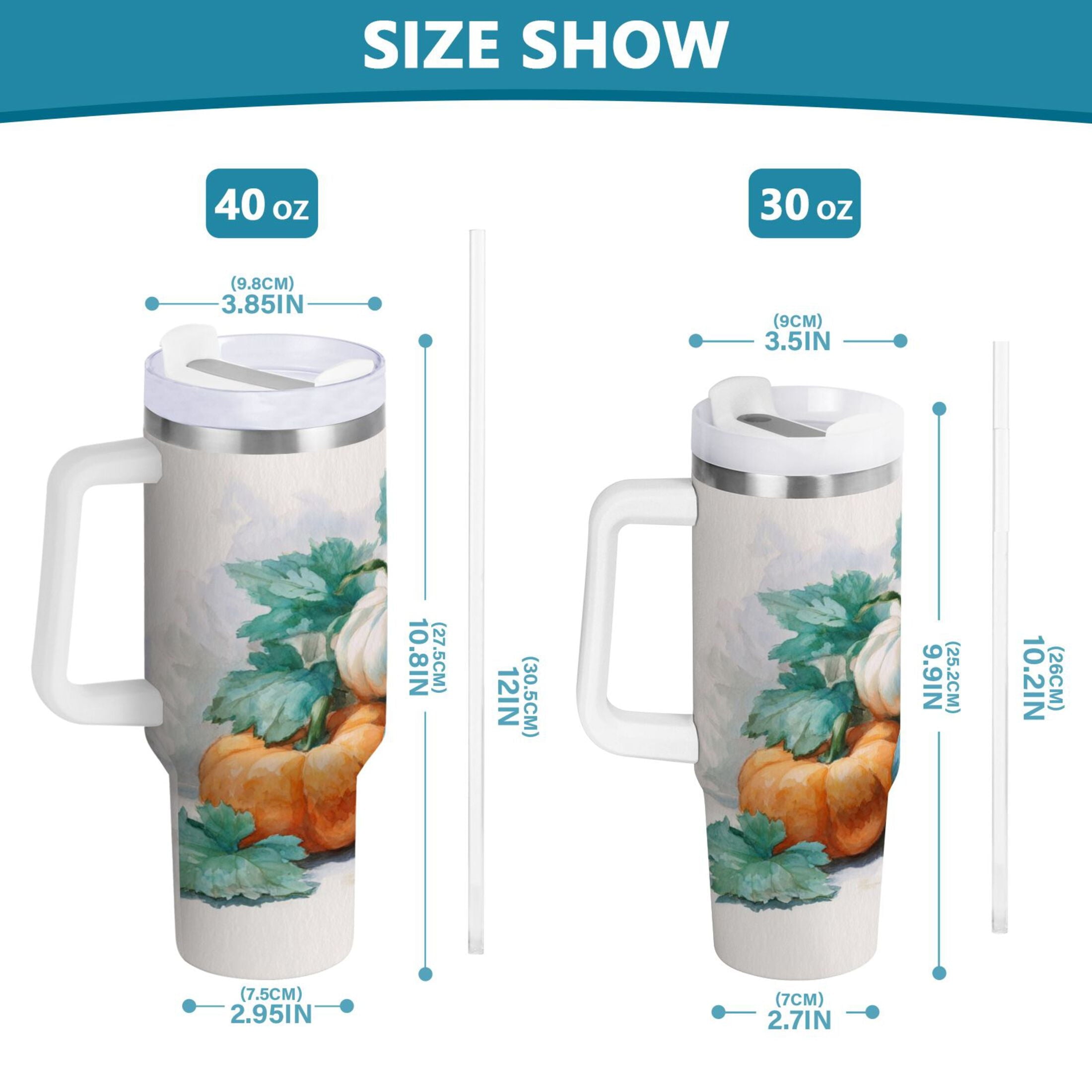 40 oz Insulated Stainless Steel Tumbler Double Wall Stainless Steel Tumbler with 2-Way Drinking Watercolor Pumpkins and Leaves | 90LL