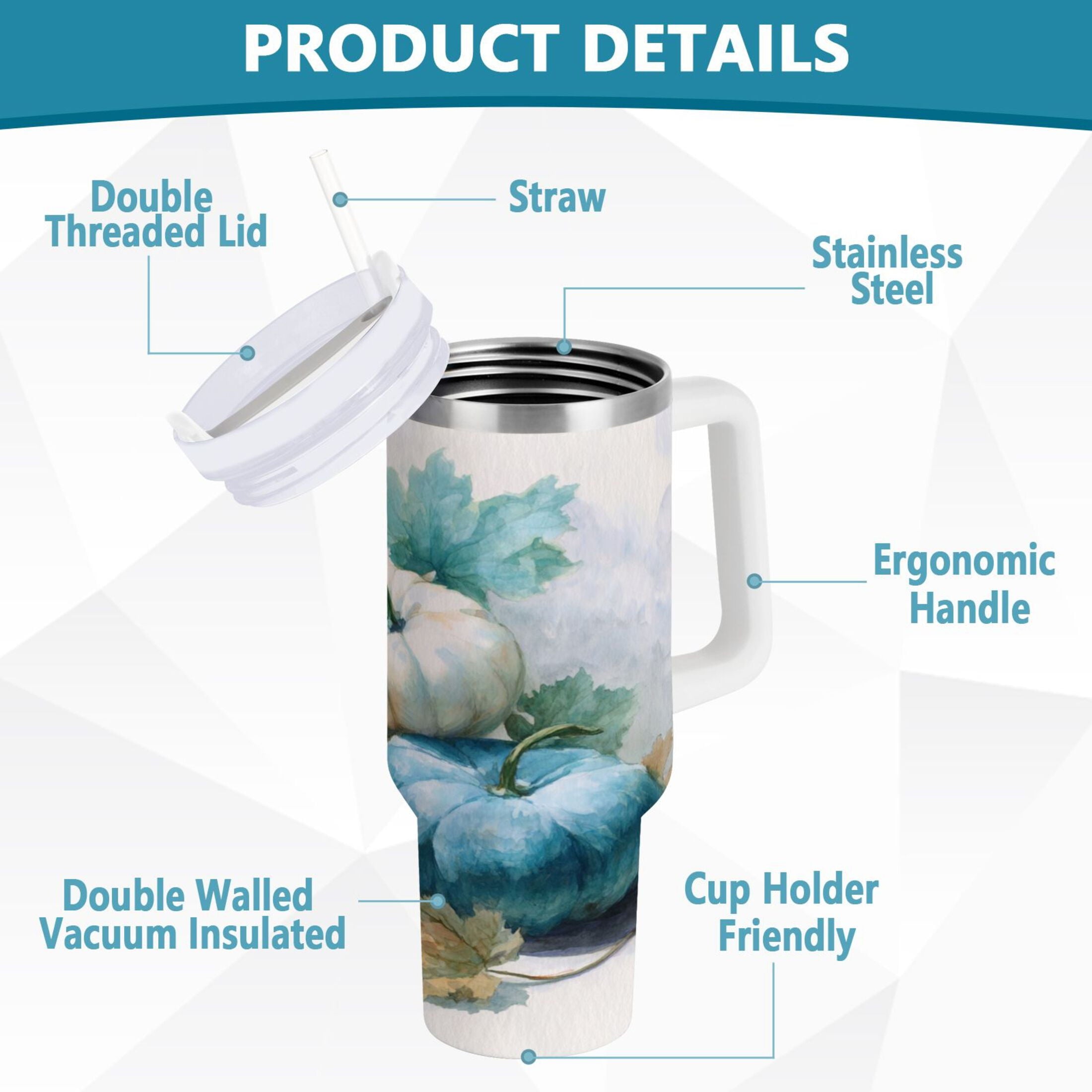 40 oz Insulated Stainless Steel Tumbler Double Wall Stainless Steel Tumbler with 2-Way Drinking Watercolor Pumpkins and Leaves | 90LL