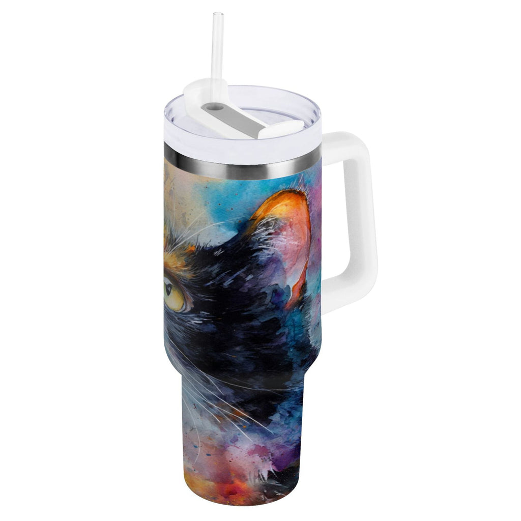 30 oz Insulated Stainless Steel Tumbler Double Wall Stainless Steel Tumbler with 2-Way Drinking Watercolor Calico Cat | 6YZP