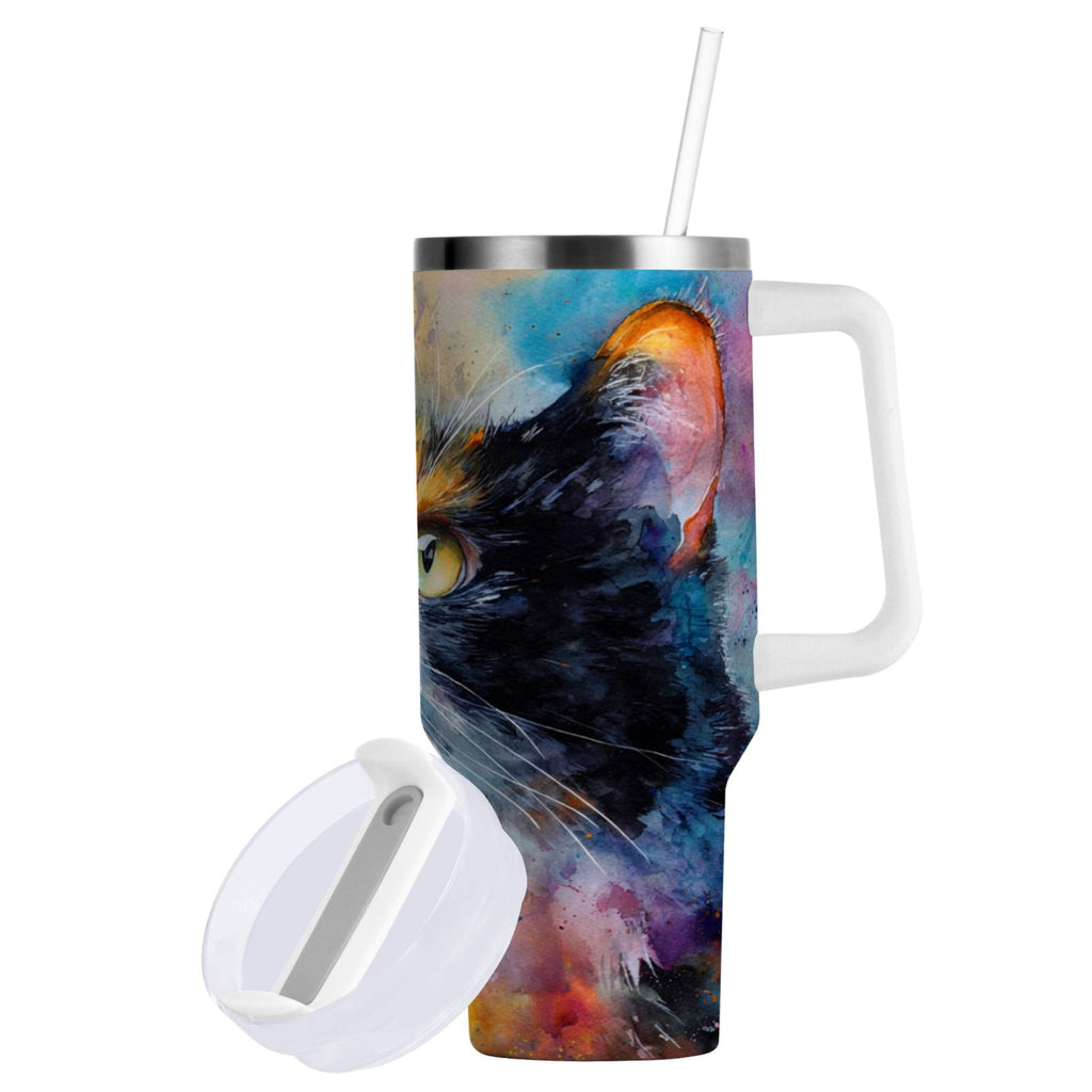 30 oz Insulated Stainless Steel Tumbler Double Wall Stainless Steel Tumbler with 2-Way Drinking Watercolor Calico Cat | 6YZP