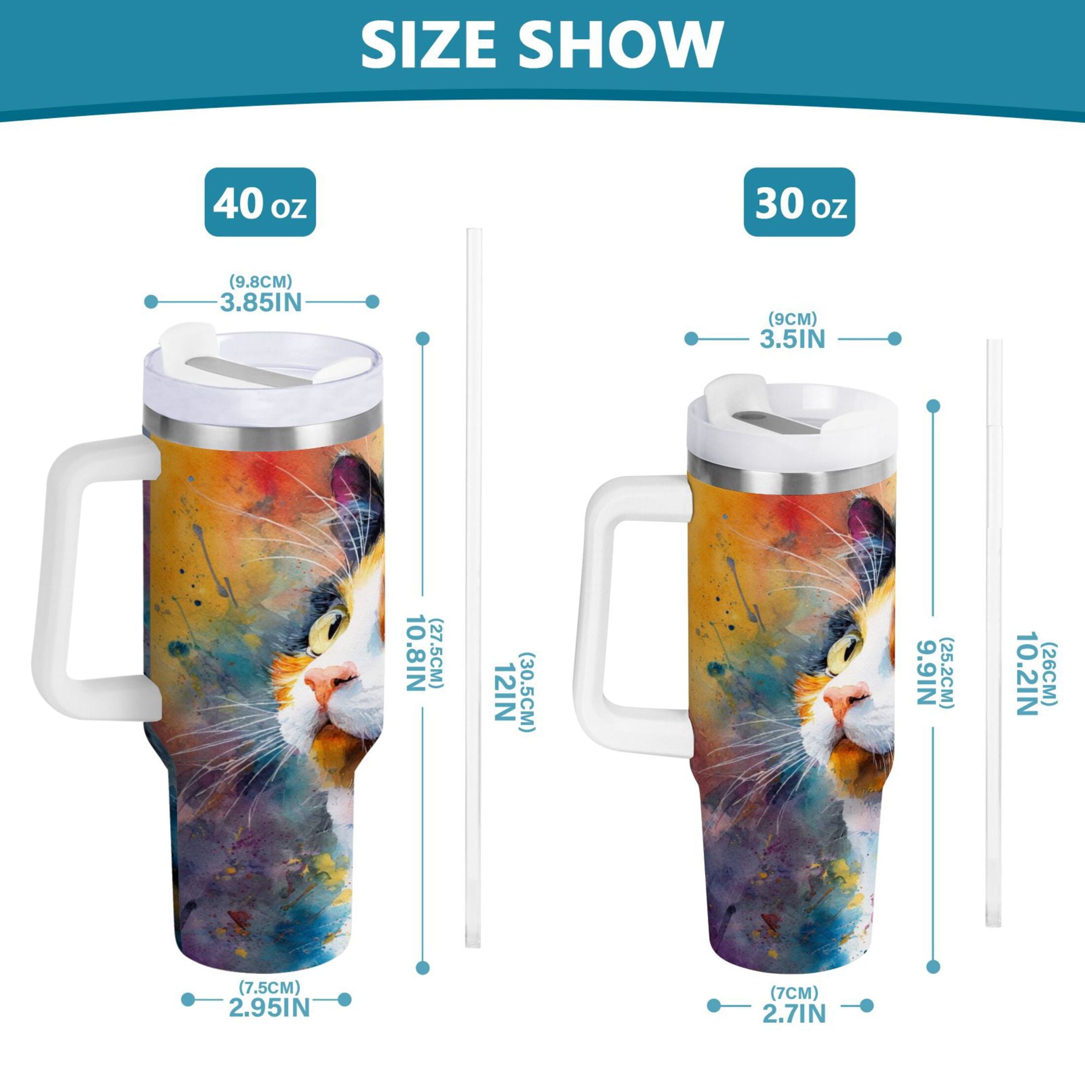 30 oz Insulated Stainless Steel Tumbler Double Wall Stainless Steel Tumbler with 2-Way Drinking Watercolor Calico Cat | 6YZP