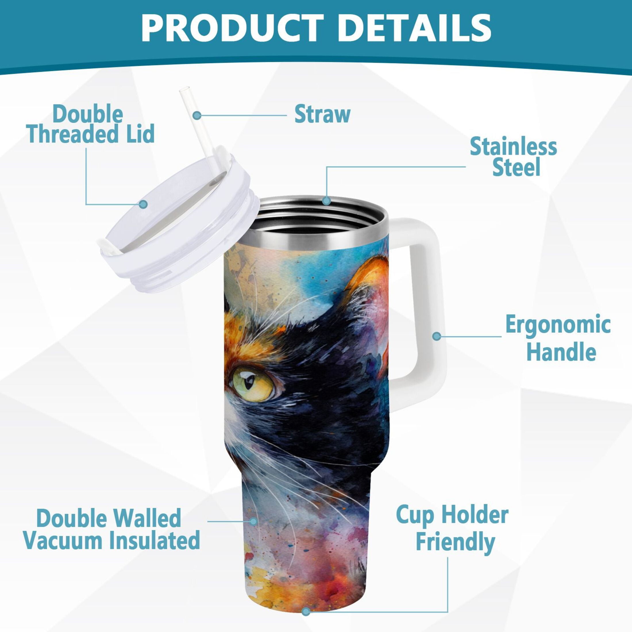 30 oz Insulated Stainless Steel Tumbler Double Wall Stainless Steel Tumbler with 2-Way Drinking Watercolor Calico Cat | 6YZP