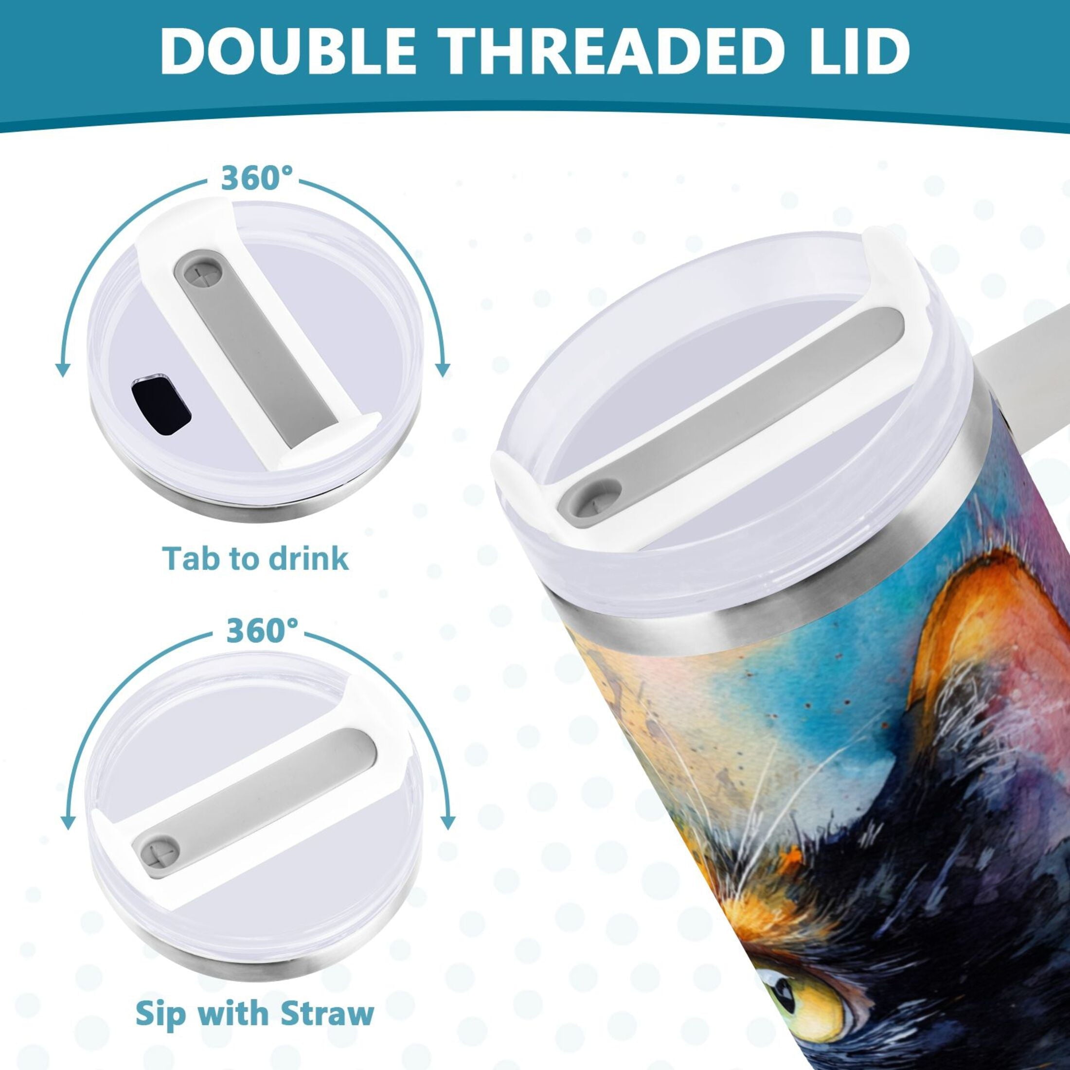 30 oz Insulated Stainless Steel Tumbler Double Wall Stainless Steel Tumbler with 2-Way Drinking Watercolor Calico Cat | 6YZP
