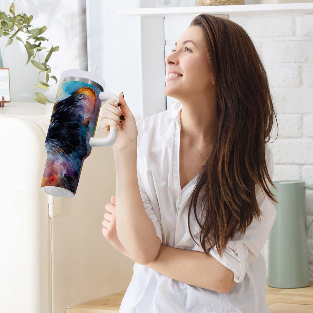 30 oz Insulated Stainless Steel Tumbler Double Wall Stainless Steel Tumbler with 2-Way Drinking Watercolor Calico Cat | 6YZP