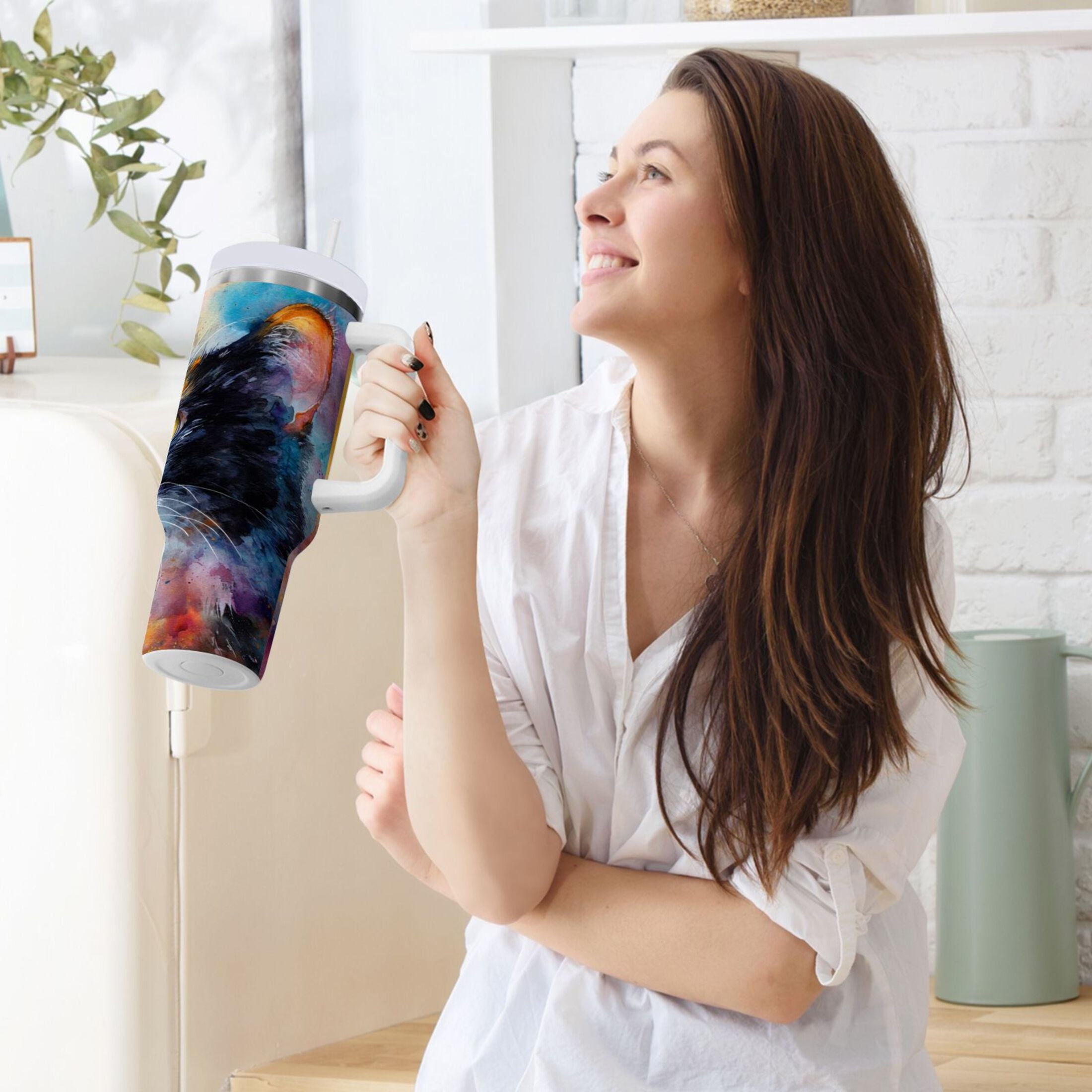 30 oz Insulated Stainless Steel Tumbler Double Wall Stainless Steel Tumbler with 2-Way Drinking Watercolor Calico Cat | 6YZP