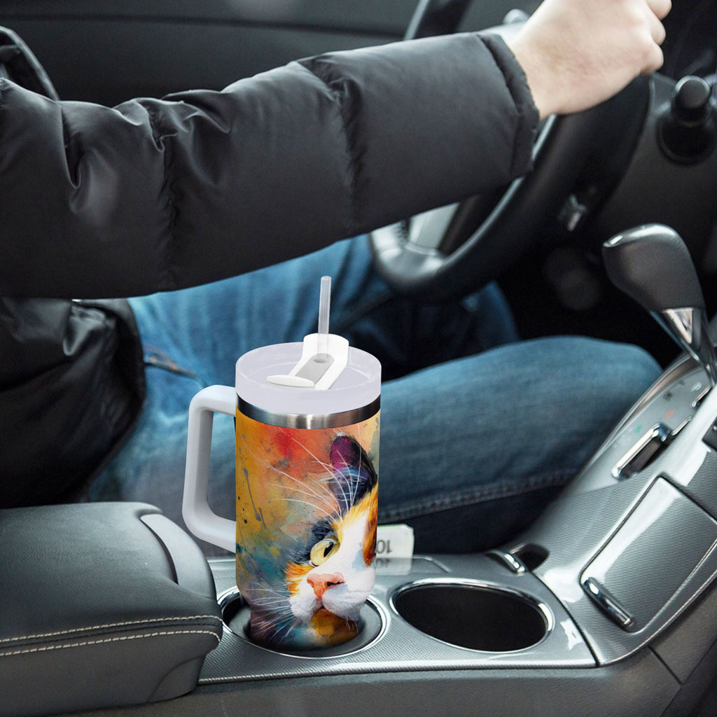 30 oz Insulated Stainless Steel Tumbler Double Wall Stainless Steel Tumbler with 2-Way Drinking Watercolor Calico Cat | 6YZP