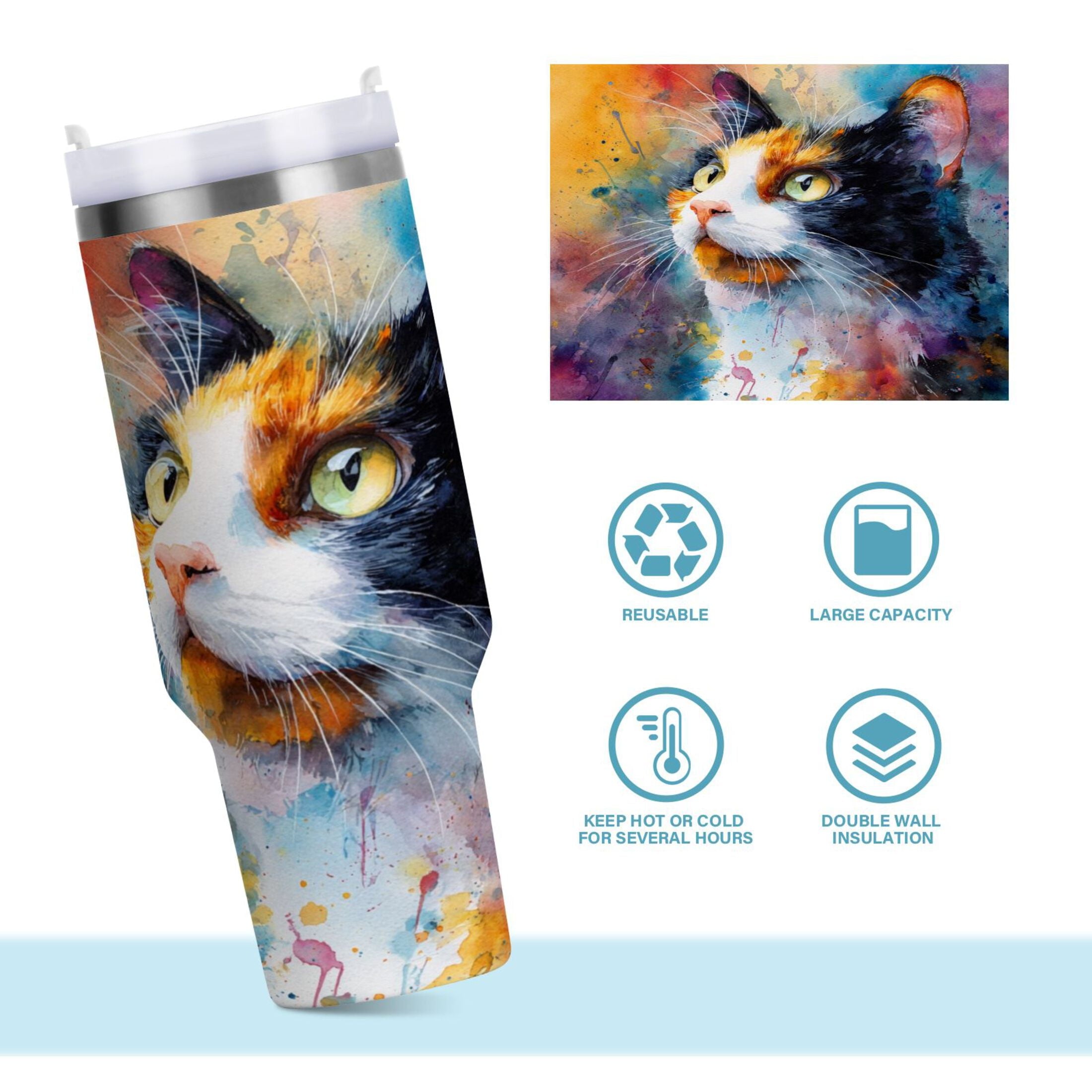 30 oz Insulated Stainless Steel Tumbler Double Wall Stainless Steel Tumbler with 2-Way Drinking Watercolor Calico Cat | 6YZP
