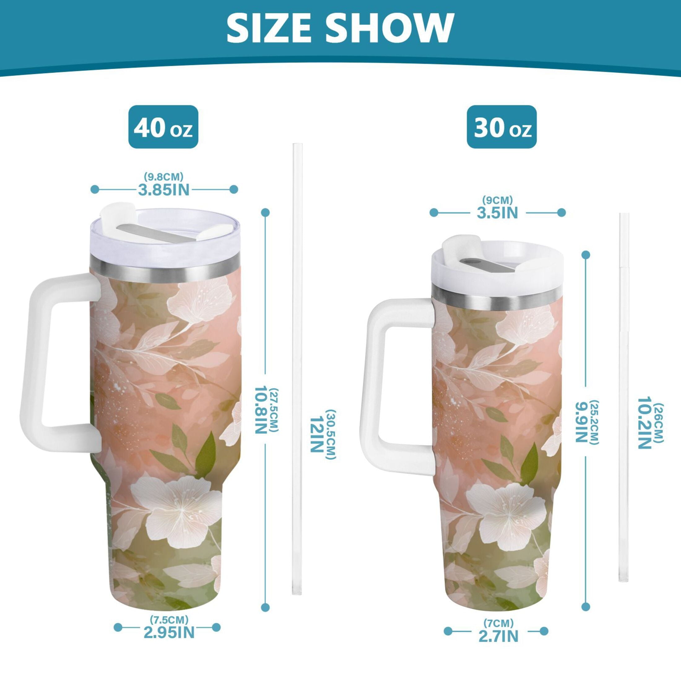 30 oz Insulated Stainless Steel Tumbler Double Wall Stainless Steel Tumbler with 2-Way Drinking Gradient Elegant Floral | 0IBG