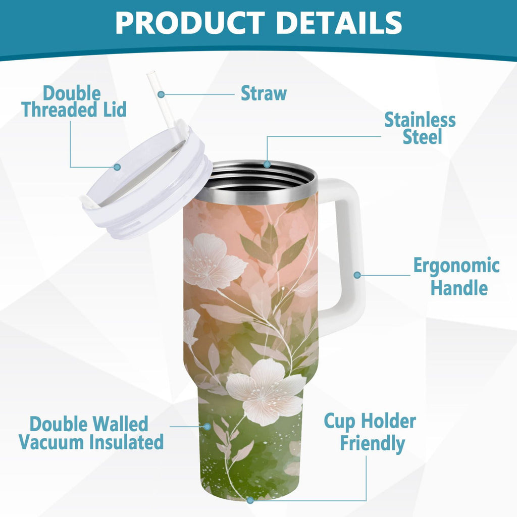 30 oz Insulated Stainless Steel Tumbler Double Wall Stainless Steel Tumbler with 2-Way Drinking Gradient Elegant Floral | 0IBG
