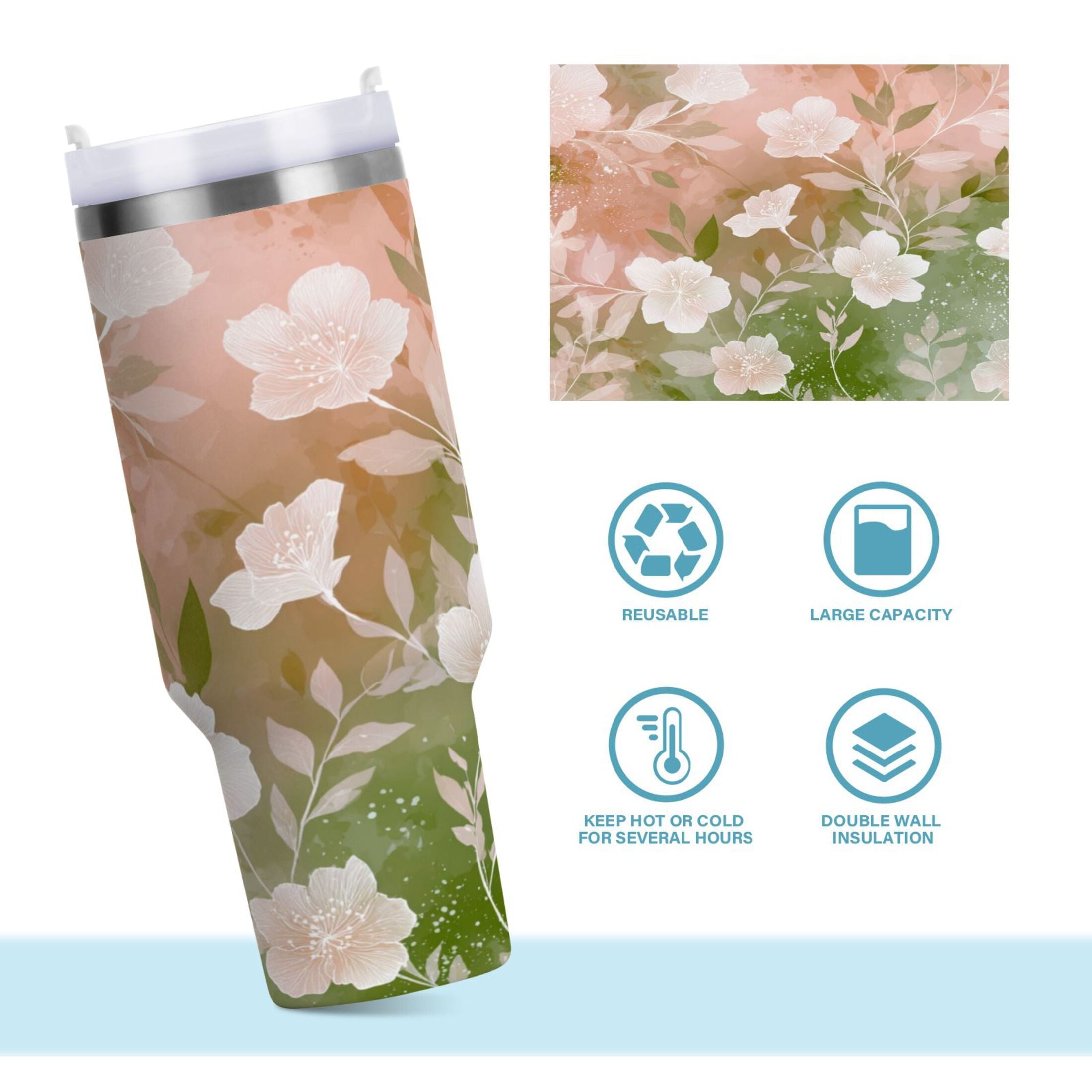 30 oz Insulated Stainless Steel Tumbler Double Wall Stainless Steel Tumbler with 2-Way Drinking Gradient Elegant Floral | 0IBG