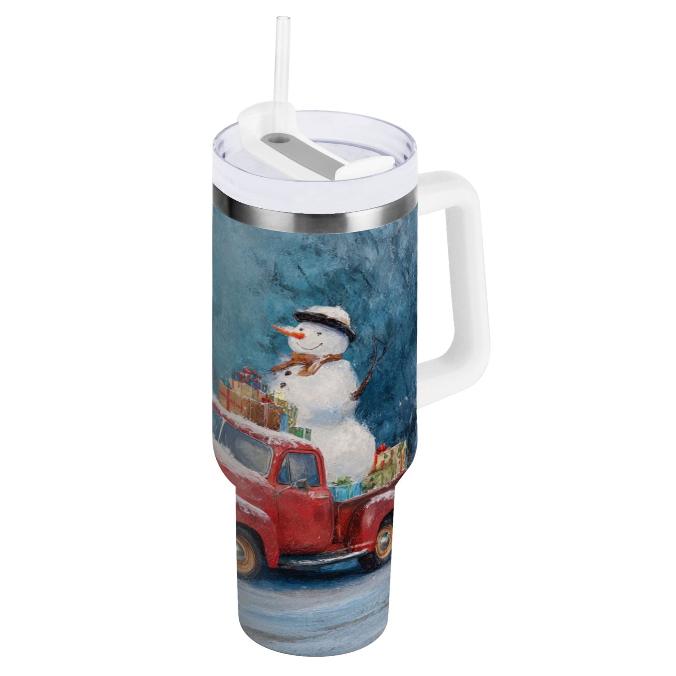 40 oz Insulated Stainless Steel Tumbler Double Wall Stainless Steel Tumbler with 2-Way Drinking Christmas Snowman in A Red Truck | B8DQ