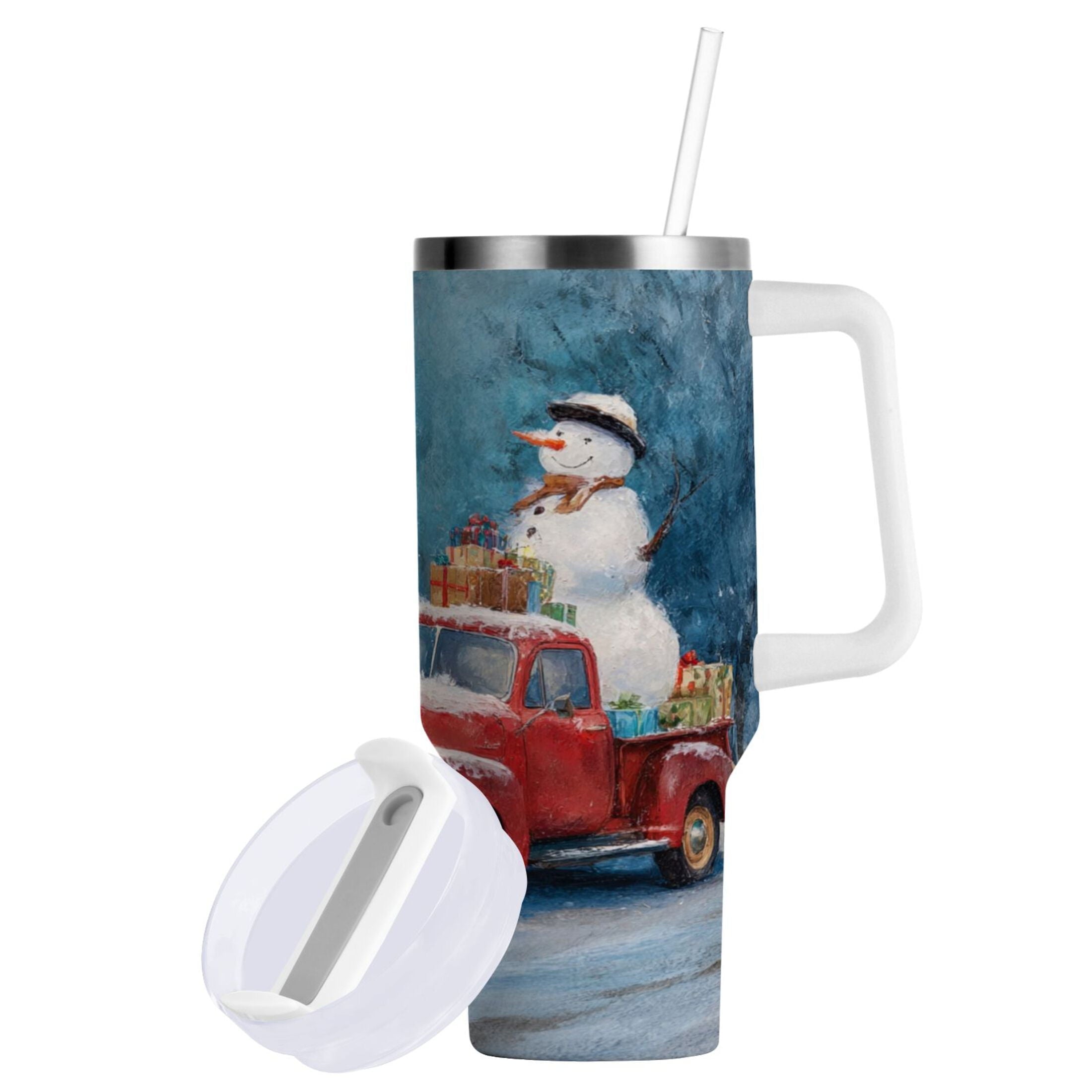 40 oz Insulated Stainless Steel Tumbler Double Wall Stainless Steel Tumbler with 2-Way Drinking Christmas Snowman in A Red Truck | B8DQ
