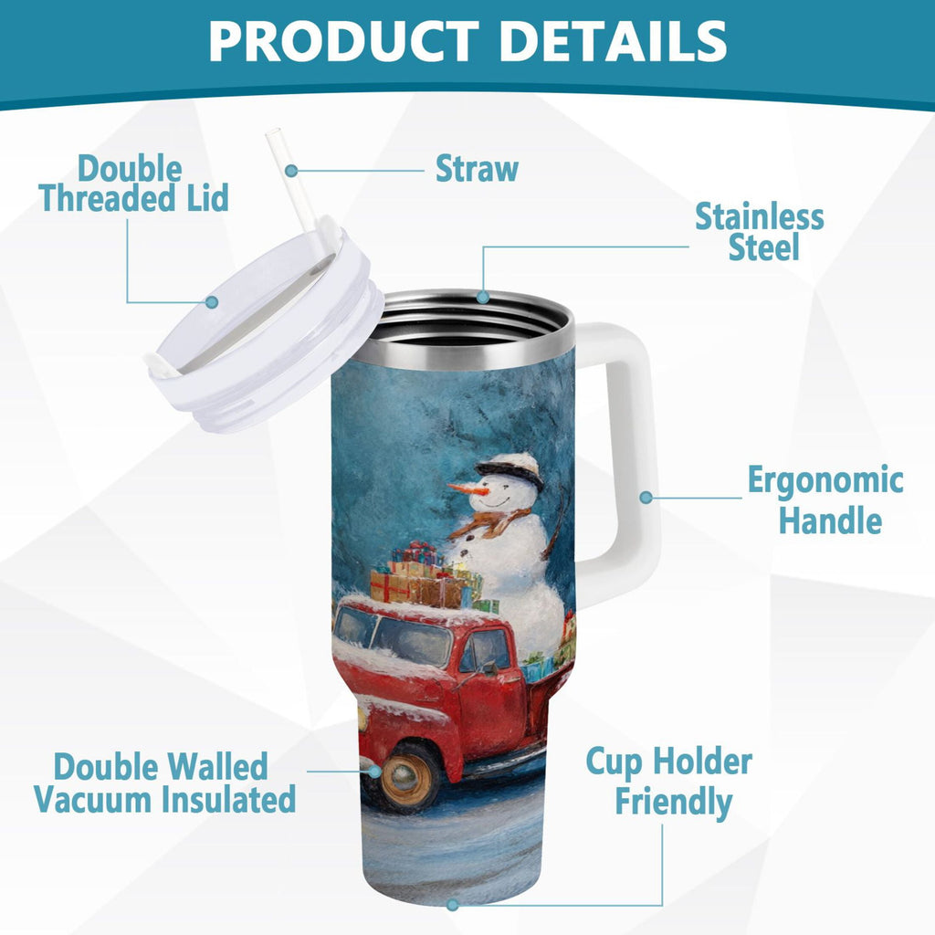 40 oz Insulated Stainless Steel Tumbler Double Wall Stainless Steel Tumbler with 2-Way Drinking Christmas Snowman in A Red Truck | B8DQ