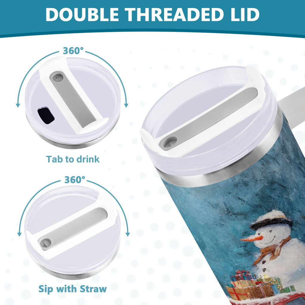 40 oz Insulated Stainless Steel Tumbler Double Wall Stainless Steel Tumbler with 2-Way Drinking Christmas Snowman in A Red Truck | B8DQ