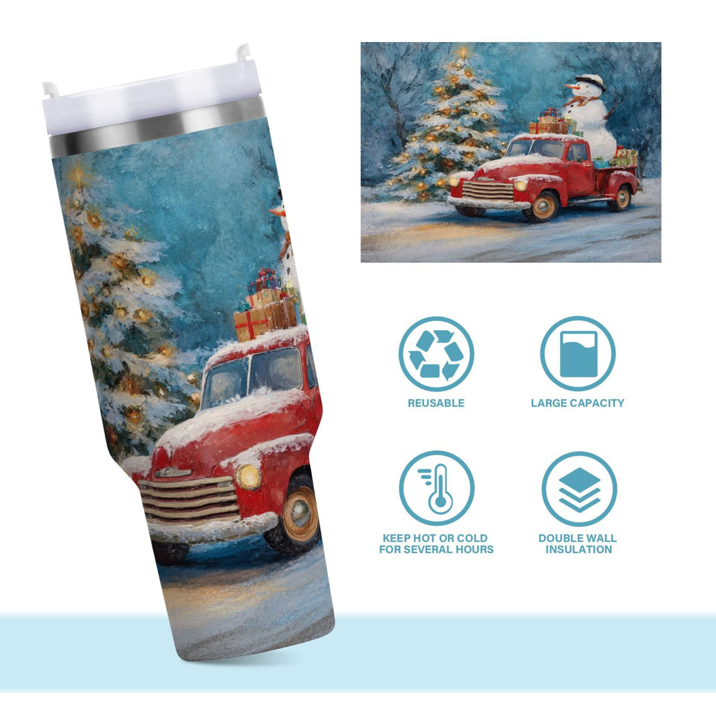 40 oz Insulated Stainless Steel Tumbler Double Wall Stainless Steel Tumbler with 2-Way Drinking Christmas Snowman in A Red Truck | B8DQ