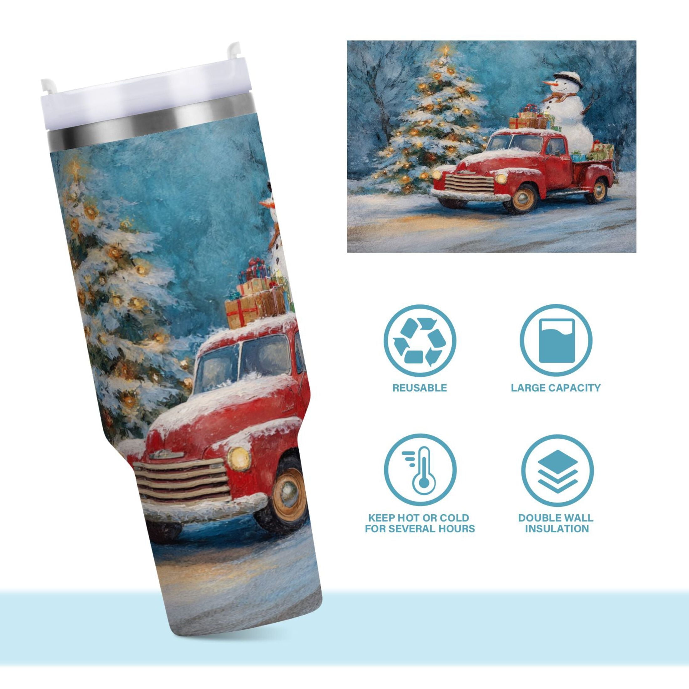 40 oz Insulated Stainless Steel Tumbler Double Wall Stainless Steel Tumbler with 2-Way Drinking Christmas Snowman in A Red Truck | B8DQ