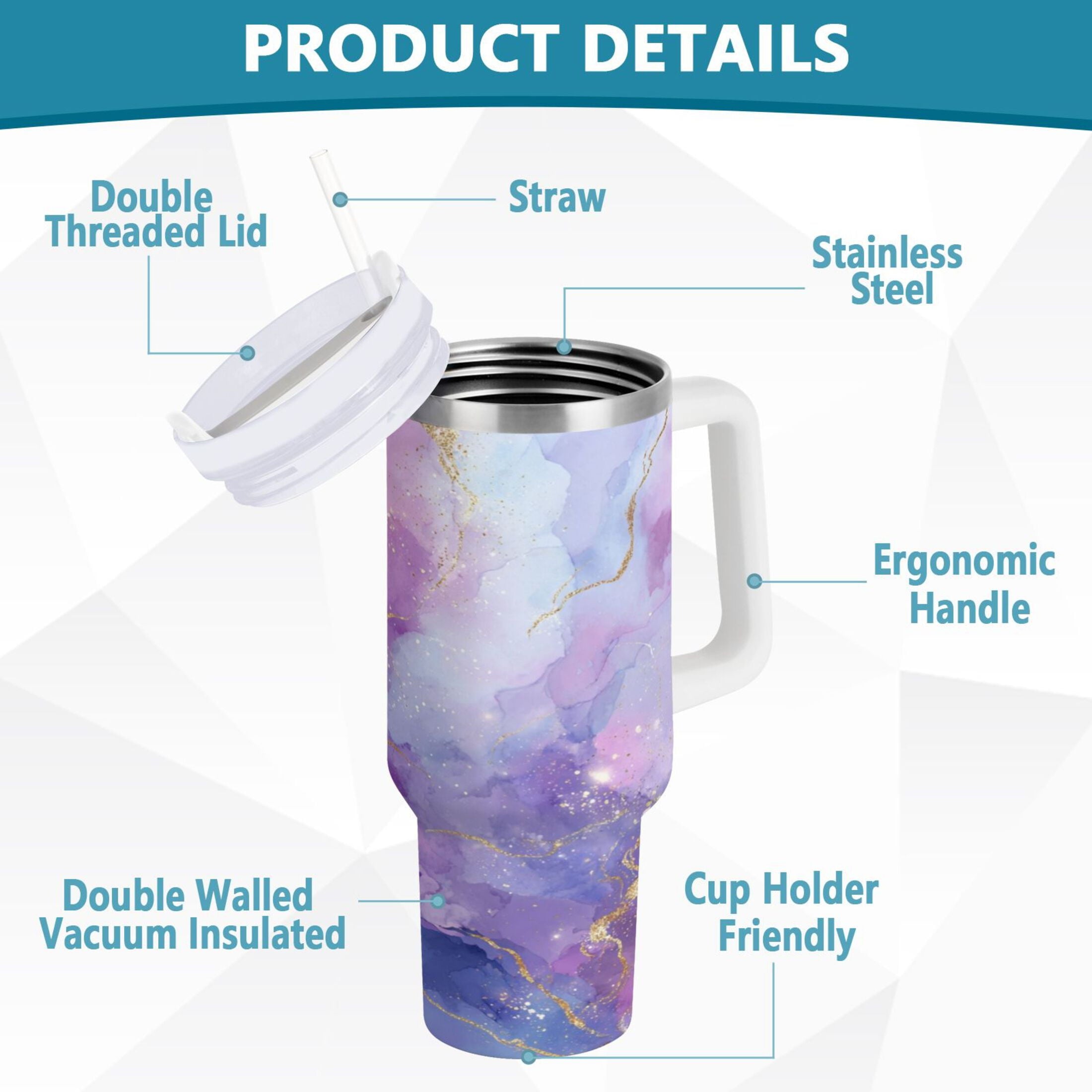 40 oz Insulated Stainless Steel Tumbler Double Wall Stainless Steel Tumbler with 2-Way Drinking Pink and Blue Marble Texture | AMI4