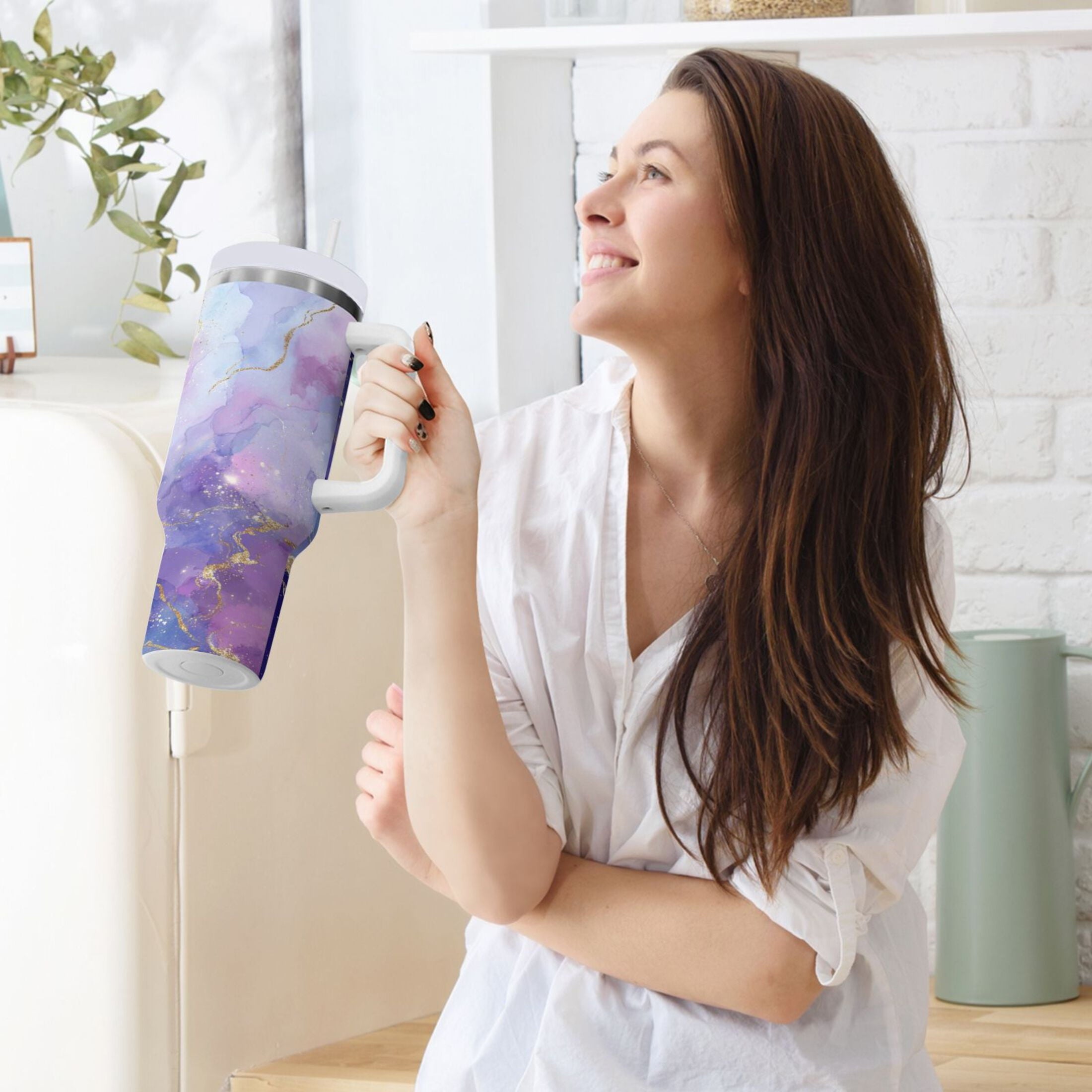40 oz Insulated Stainless Steel Tumbler Double Wall Stainless Steel Tumbler with 2-Way Drinking Pink and Blue Marble Texture | AMI4