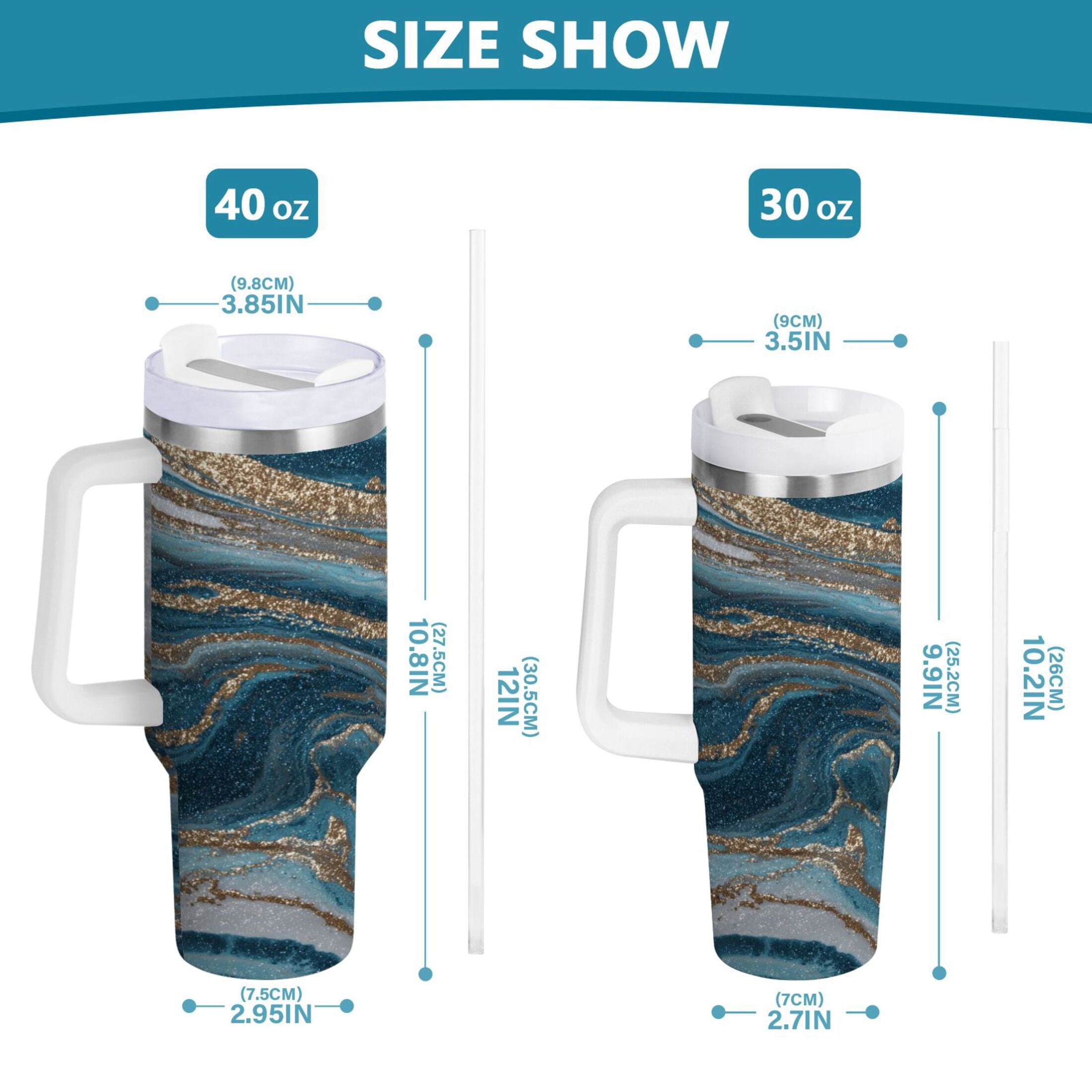 30 oz Insulated Stainless Steel Tumbler Double Wall Stainless Steel Tumbler with 2-Way Drinking Blue and Gold Swirling | 4VTF