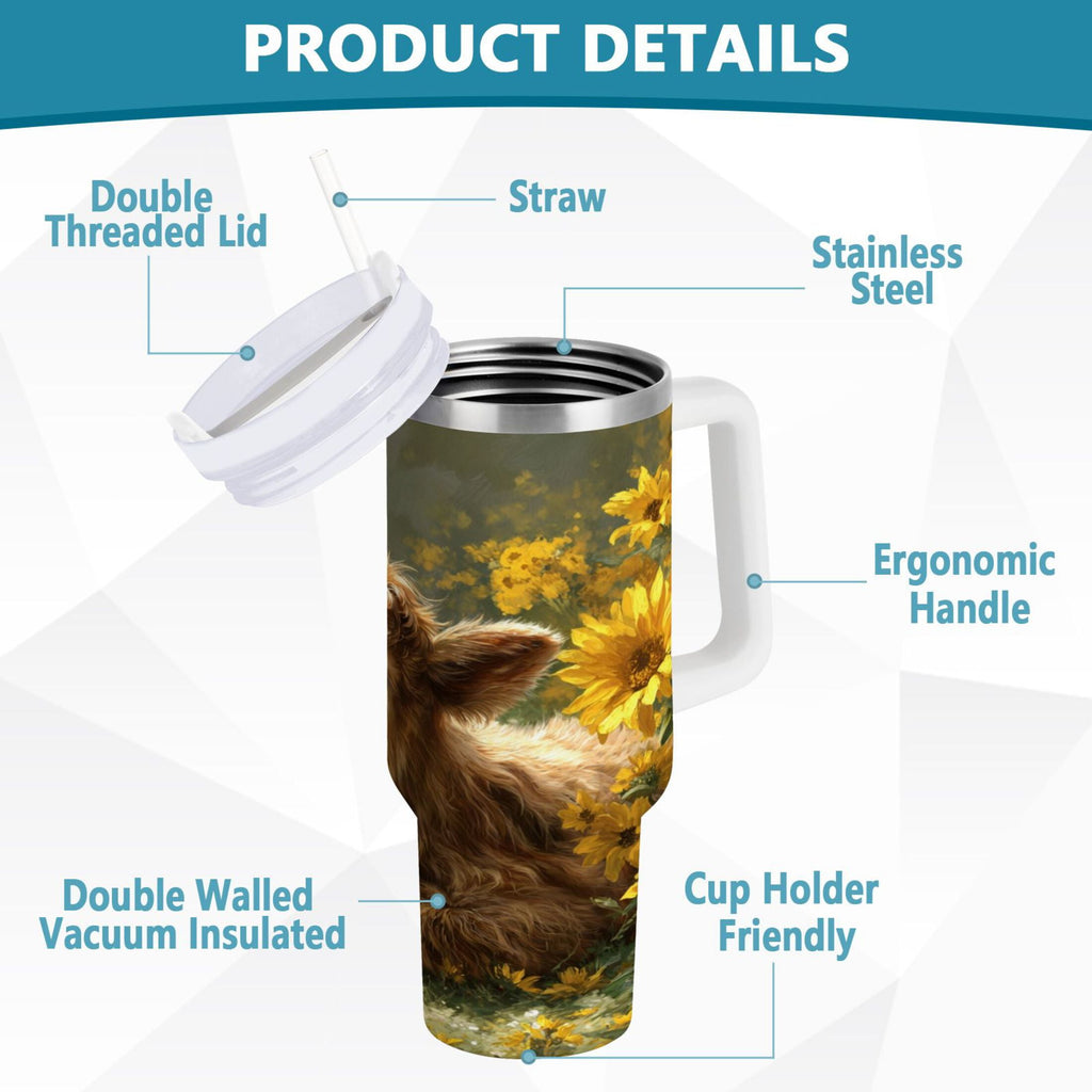 40 oz Insulated Stainless Steel Tumbler Double Wall Stainless Steel Tumbler with 2-Way Drinking Cow Lying in Sunflowers | TEJB