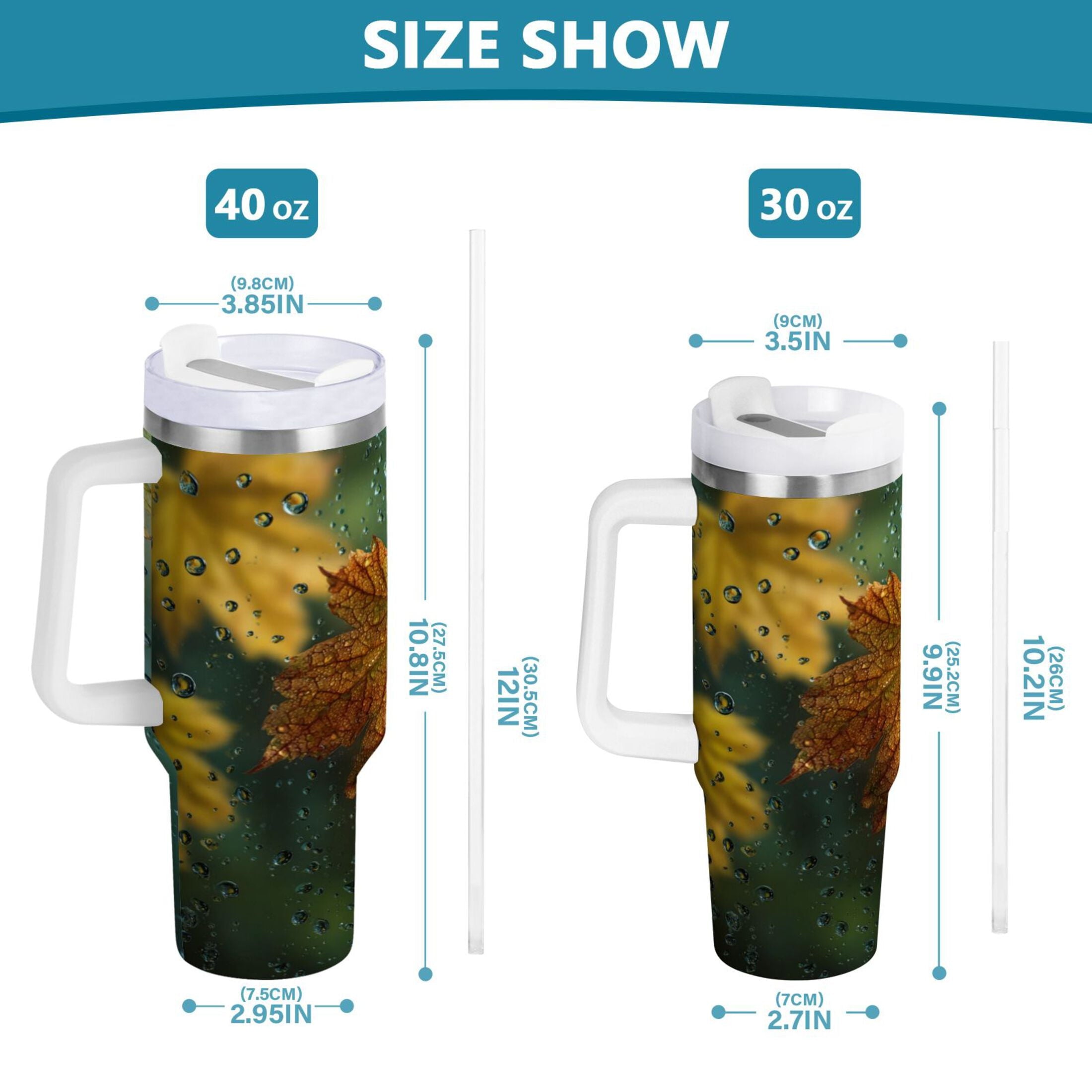 30 oz Insulated Stainless Steel Tumbler Double Wall Stainless Steel Tumbler with 2-Way Drinking Leaves with Water Droplets | N6BP