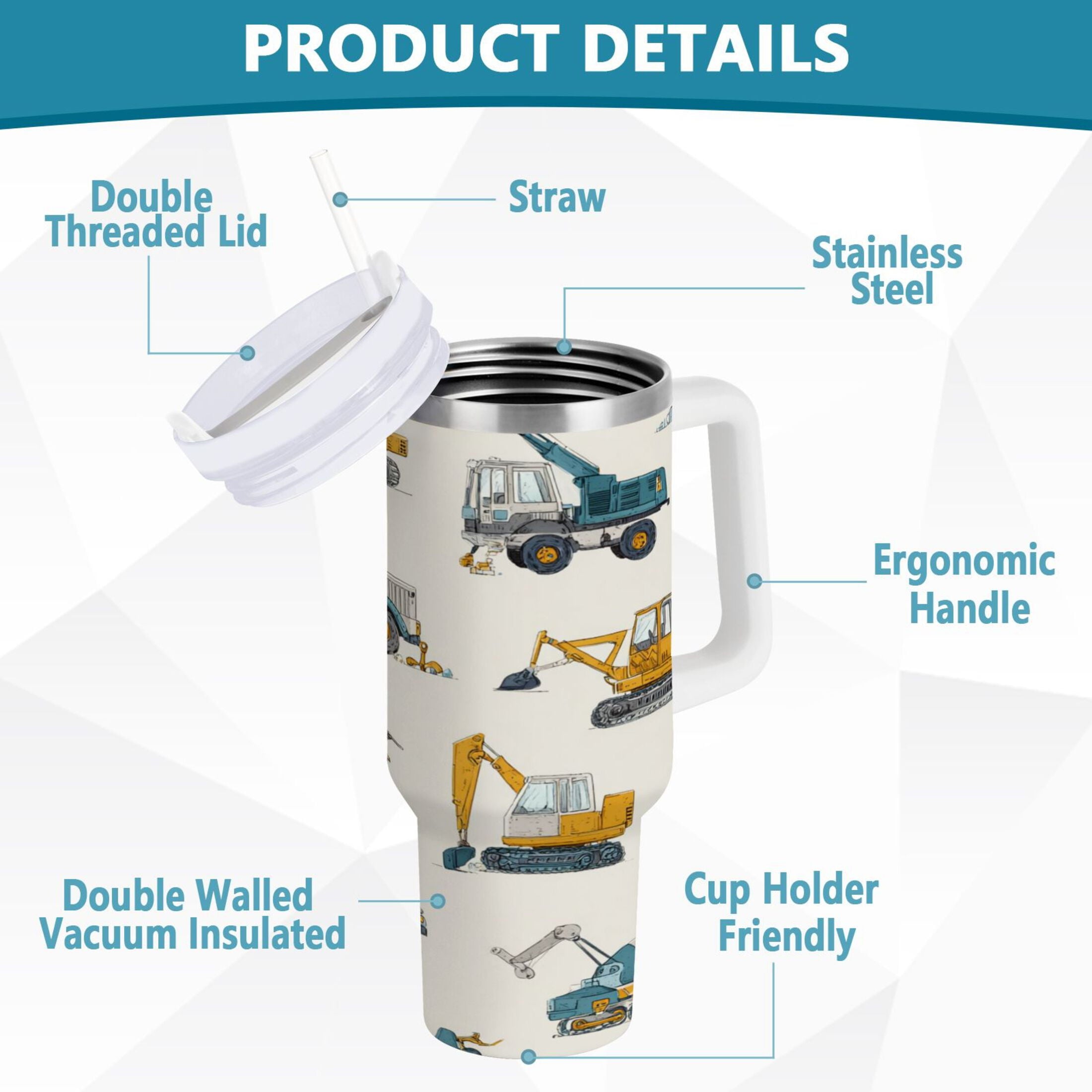 30 oz Insulated Stainless Steel Tumbler Double Wall Stainless Steel Tumbler with 2-Way Drinking Engineering Vehicle Pattern | 50L8