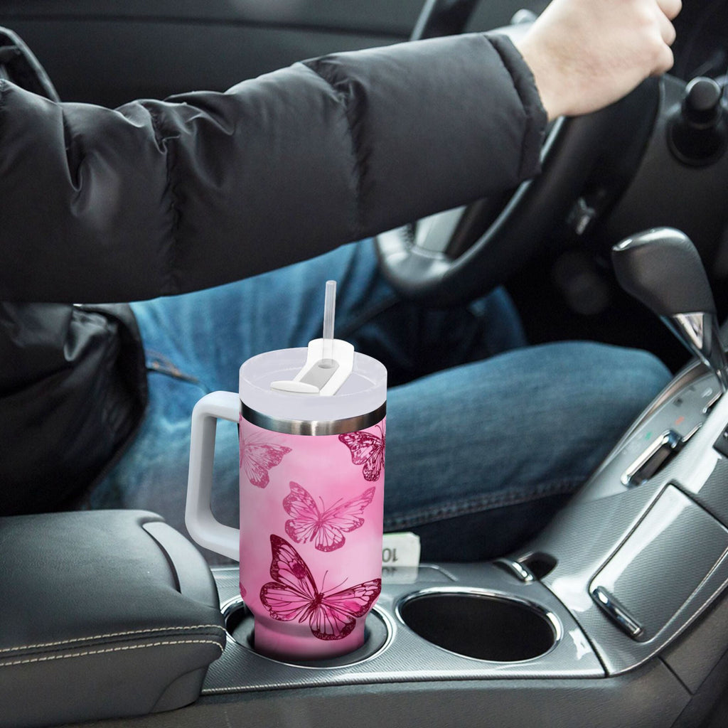 40 oz Insulated Stainless Steel Tumbler Double Wall Stainless Steel Tumbler with 2-Way Drinking Pink Butterfly Pattern | QGSI