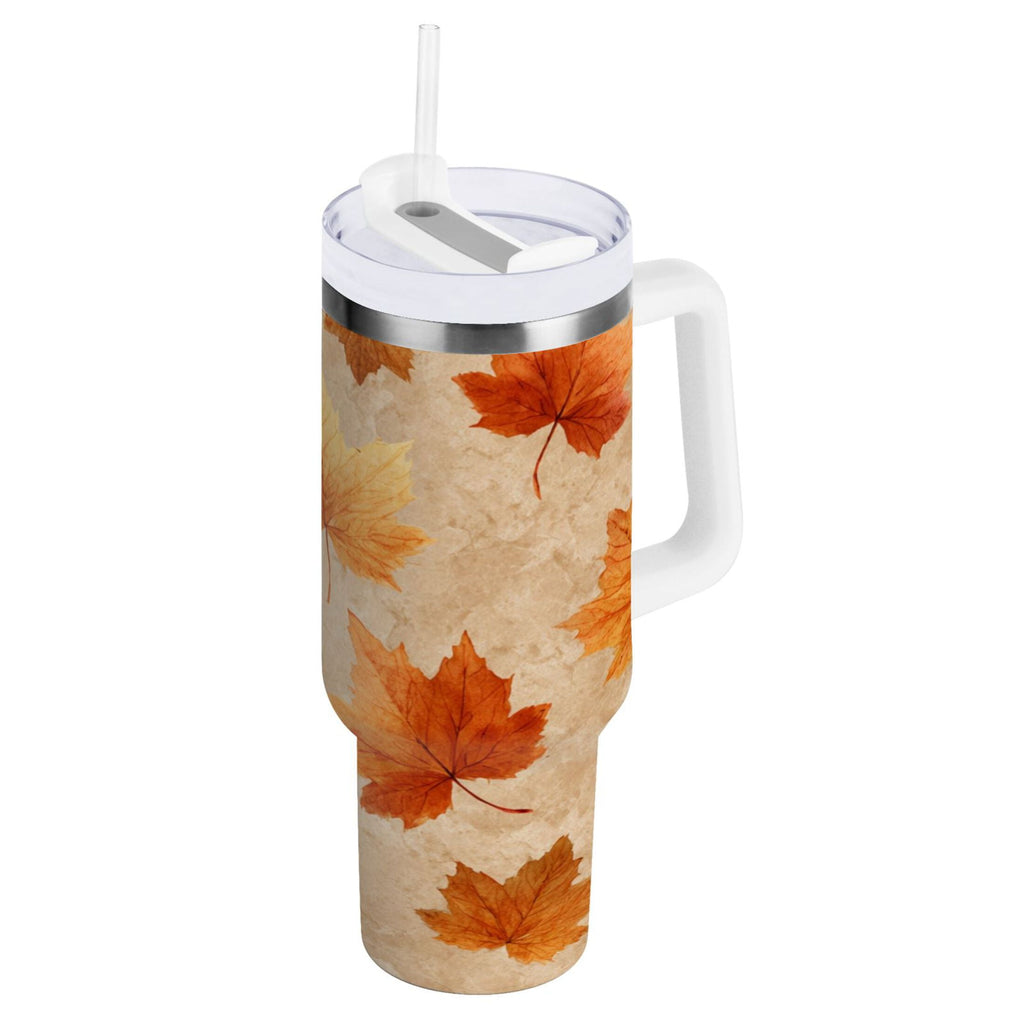 40 oz Insulated Stainless Steel Tumbler Double Wall Stainless Steel Tumbler with 2-Way Drinking Orange Autumn Leaves Pattern | IT2A